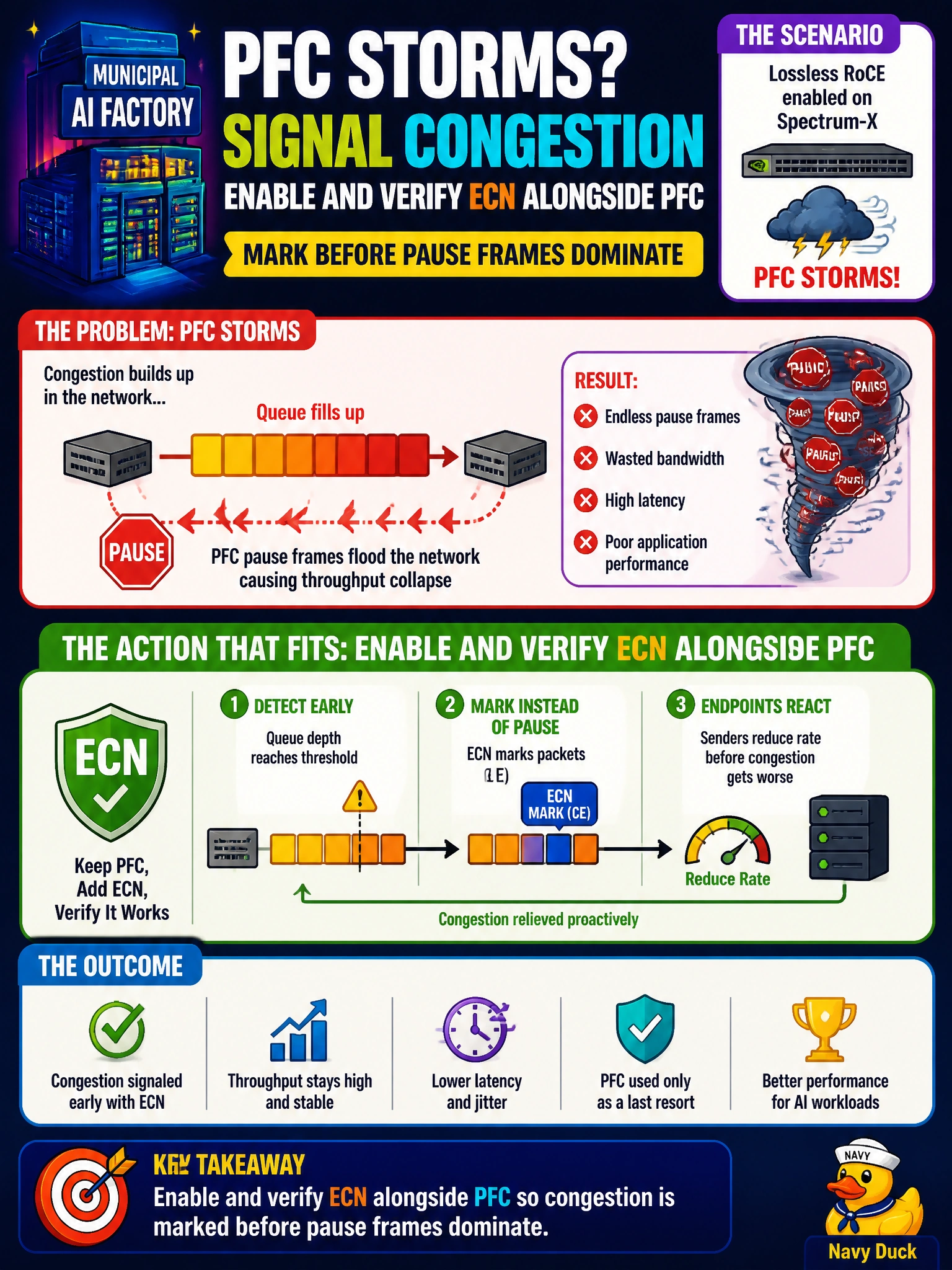 To Create an exciting colorful infographic that explains the concepts in the question: Question: A municipal AI factory sees PFC storms after enabling lossless RoCE on Spectrum-X. Engineers want congestion signaled without endless pause frames. Which action fits? Correct Answer: Enable and verify ECN alongside PFC so congestion is marked before pause frames dominate Put EVERY visible label in double quotes. No people. No A/B/C/D letters. In one of the four corners put a little "Navy Duck".