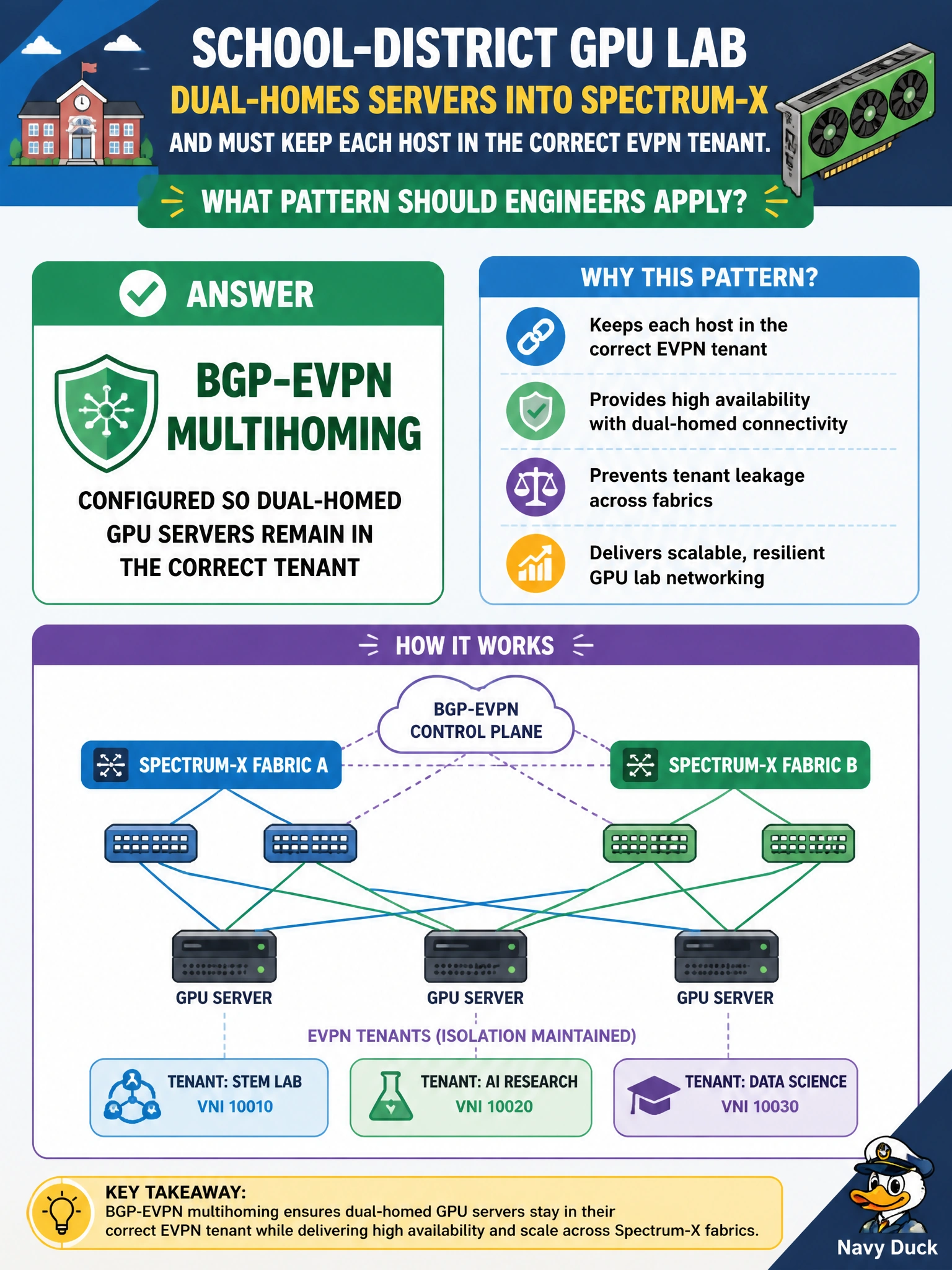 To Create an exciting colorful infographic that explains the concepts in the question: Question: A school-district GPU lab dual-homes servers into Spectrum-X and must keep each host in the correct EVPN tenant. What pattern should engineers apply? Correct Answer: BGP-EVPN multihoming configured so dual-homed GPU servers remain in the correct tenant Put EVERY visible label in double quotes. No people. No A/B/C/D letters. In one of the four corners put a little "Navy Duck".
