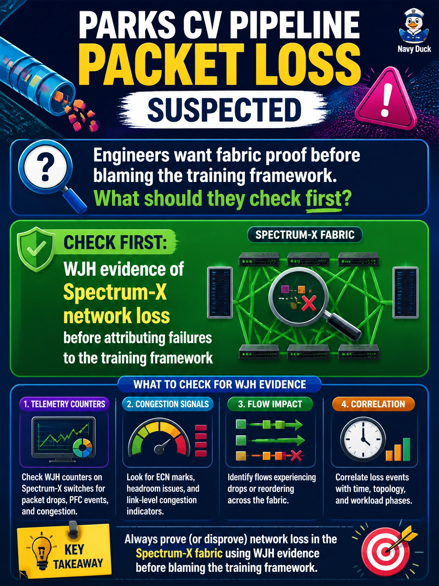 To Create an exciting colorful infographic that explains the concepts in the question: Question: Parks CV pipeline packet loss is suspected; engineers want fabric proof before blaming the training framework. What should they check first? Correct Answer: WJH evidence of Spectrum-X network loss before attributing failures to the training framework Put EVERY visible label in double quotes. No people. No A/B/C/D letters. In one of the four corners put a little "Navy Duck".