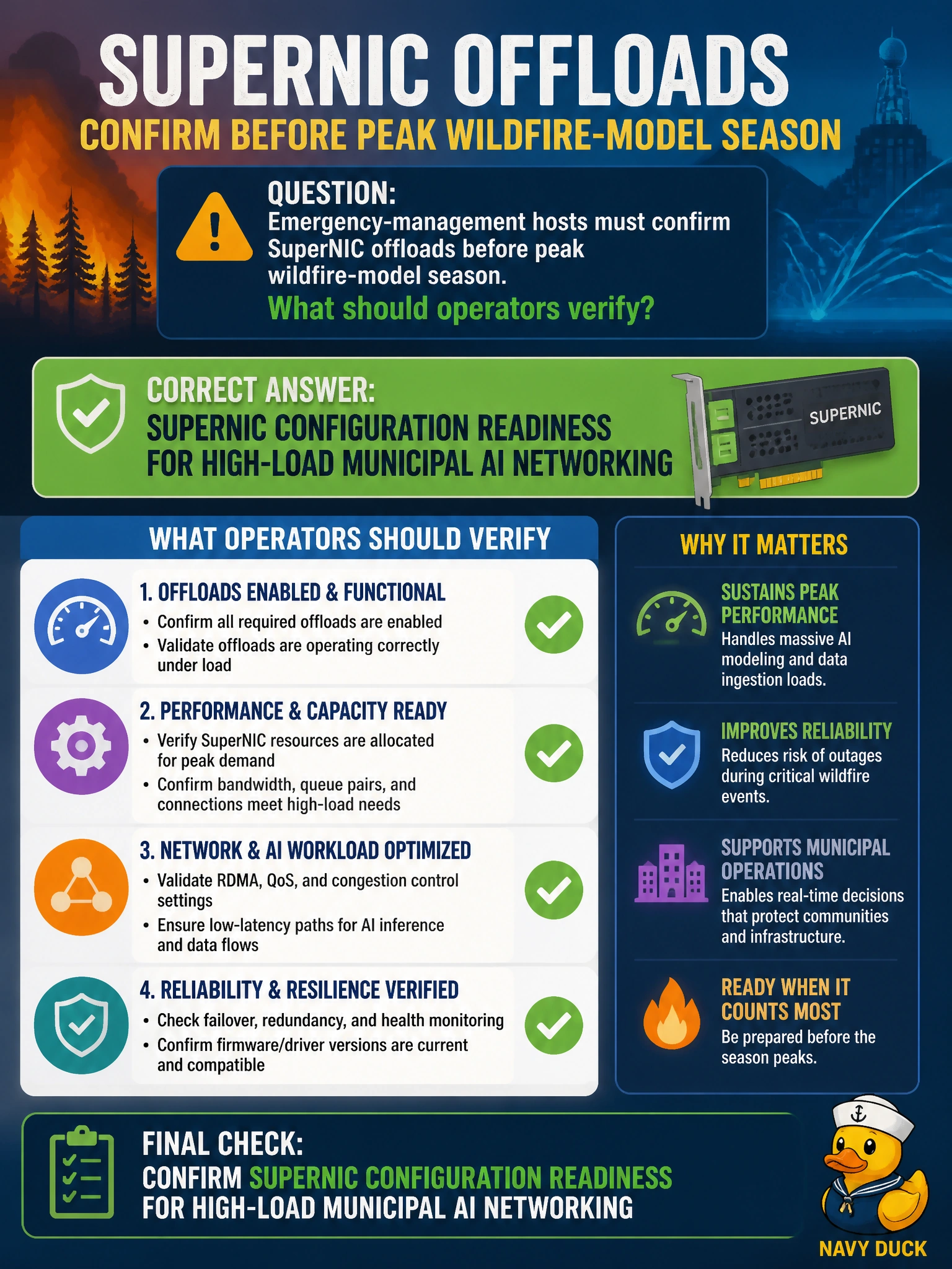 To Create an exciting colorful infographic that explains the concepts in the question: Question: Emergency-management hosts must confirm SuperNIC offloads before peak wildfire-model season. What should operators verify? Correct Answer: SuperNIC configuration readiness for high-load municipal AI networking Put EVERY visible label in double quotes. No people. No A/B/C/D letters. In one of the four corners put a little "Navy Duck".