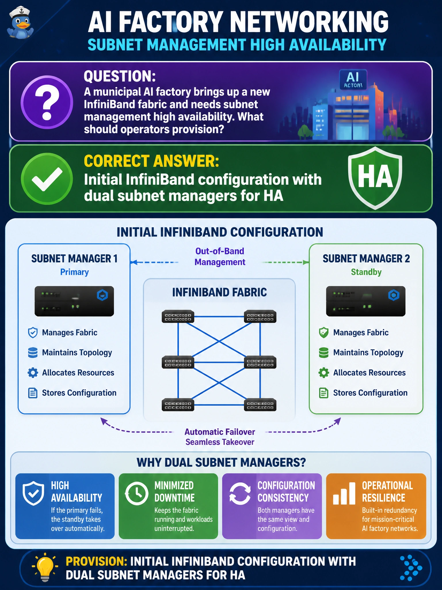 To Create an exciting colorful infographic that explains the concepts in the question: Question: A municipal AI factory brings up a new InfiniBand fabric and needs subnet management high availability. What should operators provision? Correct Answer: Initial InfiniBand configuration with dual subnet managers for HA Put EVERY visible label in double quotes. No people. No A/B/C/D letters. In one of the four corners put a little "Navy Duck".