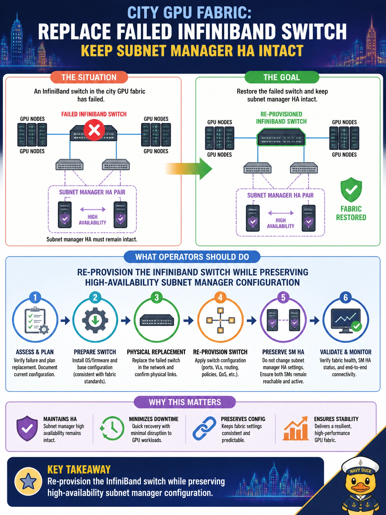 To Create an exciting colorful infographic that explains the concepts in the question: Question: A city GPU fabric replaces a failed InfiniBand switch and must keep subnet manager HA intact. What should operators do? Correct Answer: Re-provision the InfiniBand switch while preserving high-availability subnet manager configuration Put EVERY visible label in double quotes. No people. No A/B/C/D letters. In one of the four corners put a little "Navy Duck".
