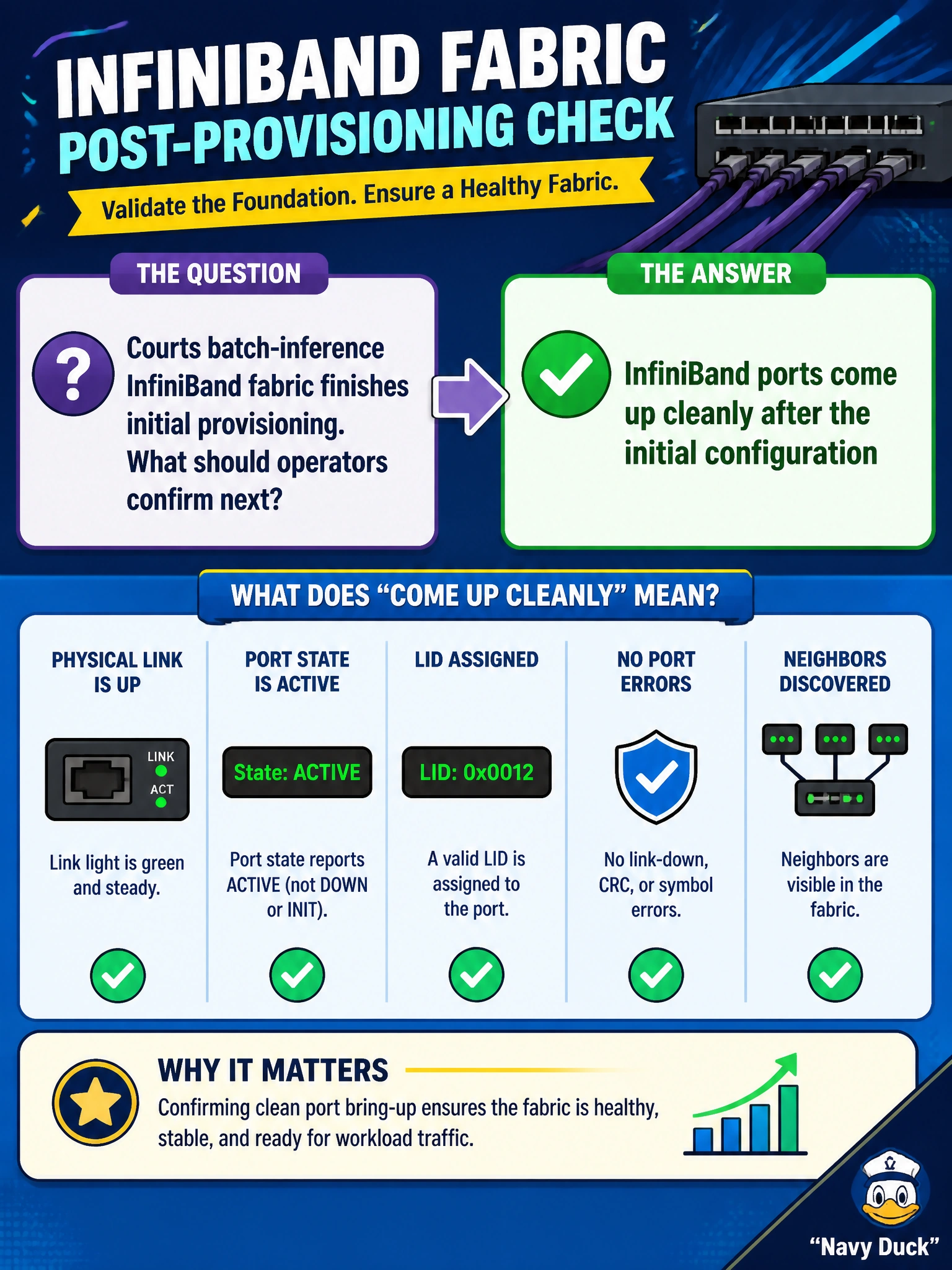 To Create an exciting colorful infographic that explains the concepts in the question: Question: Courts batch-inference InfiniBand fabric finishes initial provisioning. What should operators confirm next? Correct Answer: InfiniBand ports come up cleanly after the initial configuration Put EVERY visible label in double quotes. No people. No A/B/C/D letters. In one of the four corners put a little "Navy Duck".