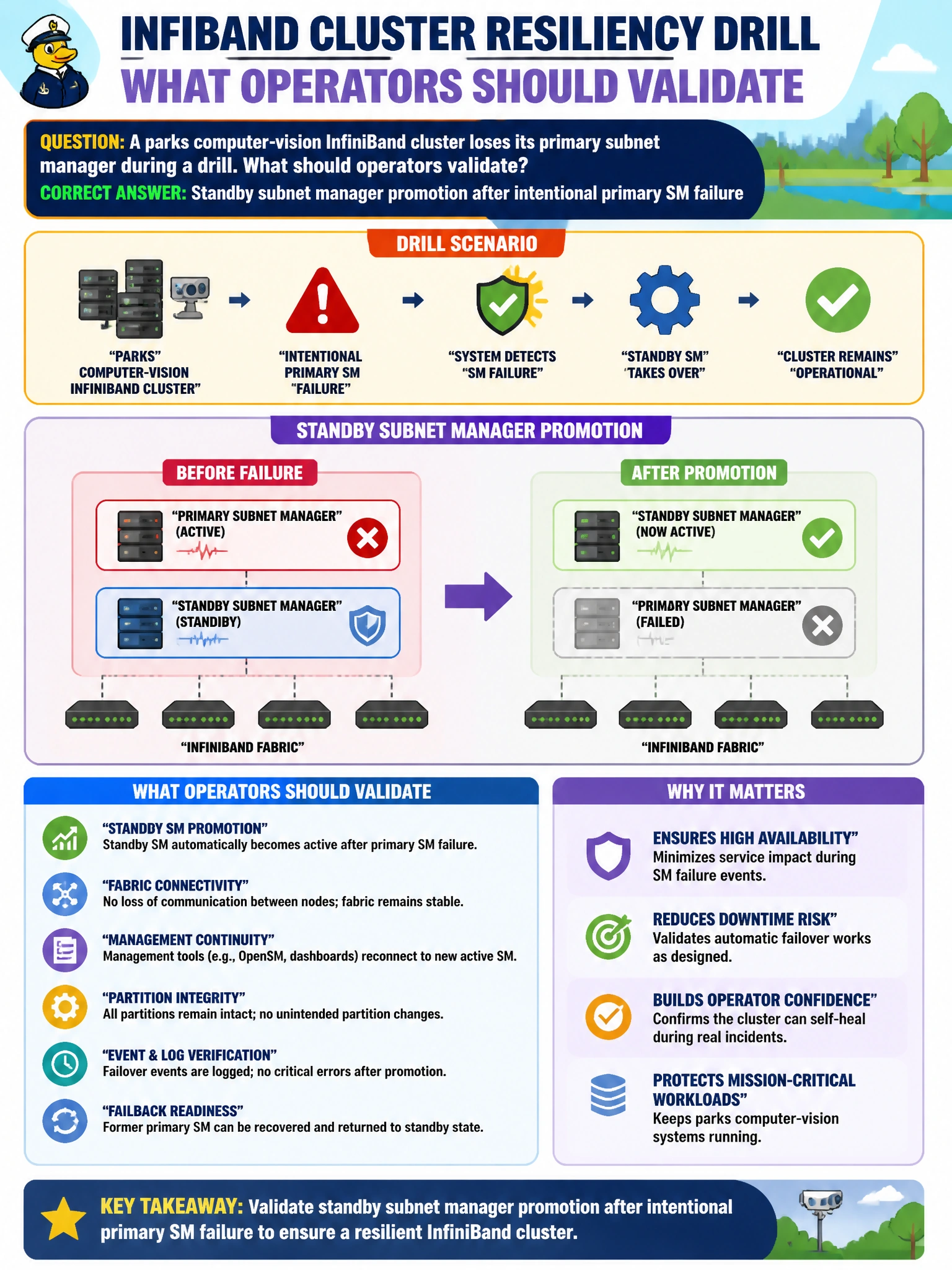 To Create an exciting colorful infographic that explains the concepts in the question: Question: A parks computer-vision InfiniBand cluster loses its primary subnet manager during a drill. What should operators validate? Correct Answer: Standby subnet manager promotion after intentional primary SM failure Put EVERY visible label in double quotes. No people. No A/B/C/D letters. In one of the four corners put a little "Navy Duck".