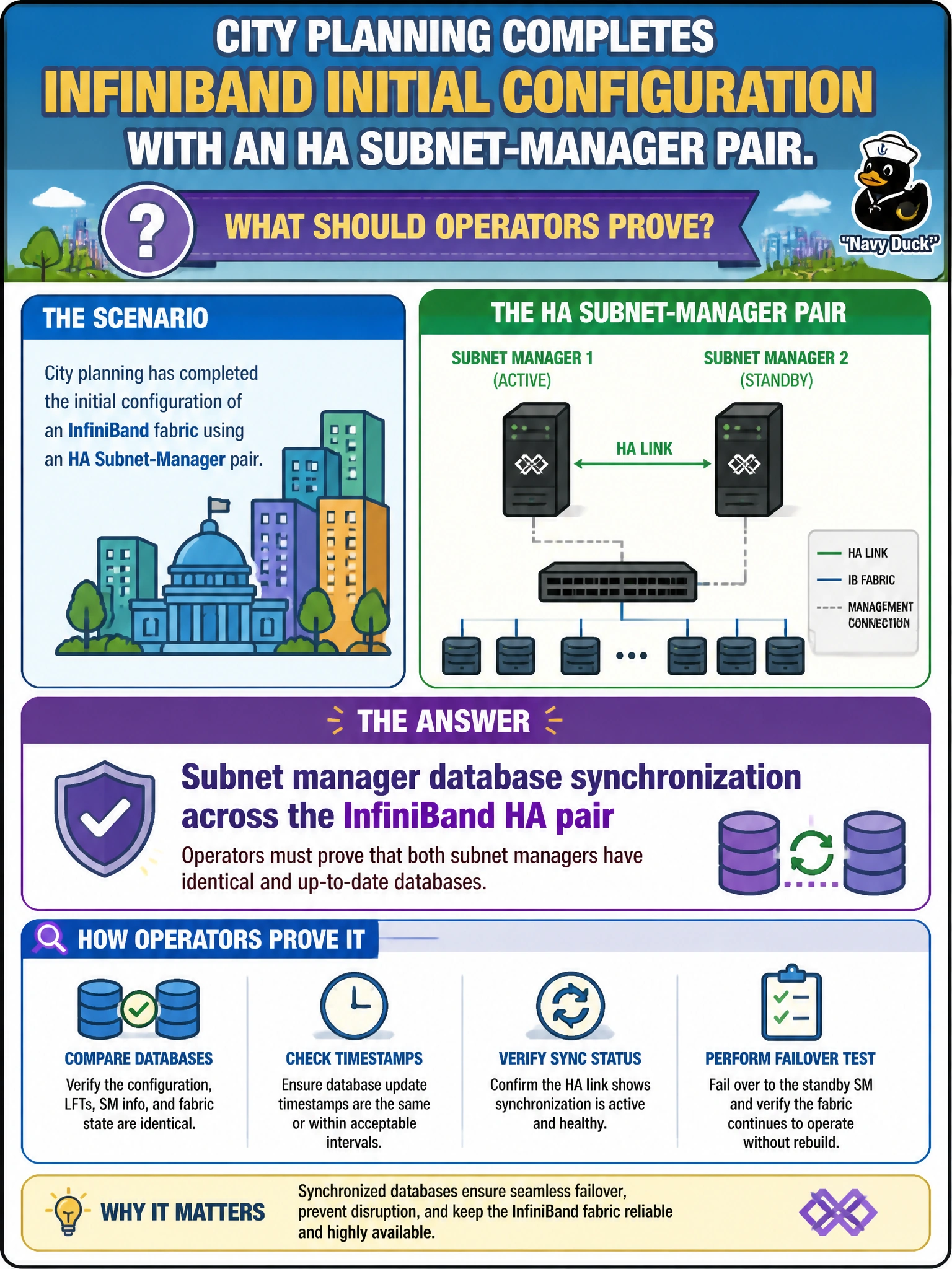To Create an exciting colorful infographic that explains the concepts in the question: Question: City planning completes InfiniBand initial configuration with an HA subnet-manager pair. What should operators prove? Correct Answer: Subnet manager database synchronization across the InfiniBand HA pair Put EVERY visible label in double quotes. No people. No A/B/C/D letters. In one of the four corners put a little "Navy Duck".