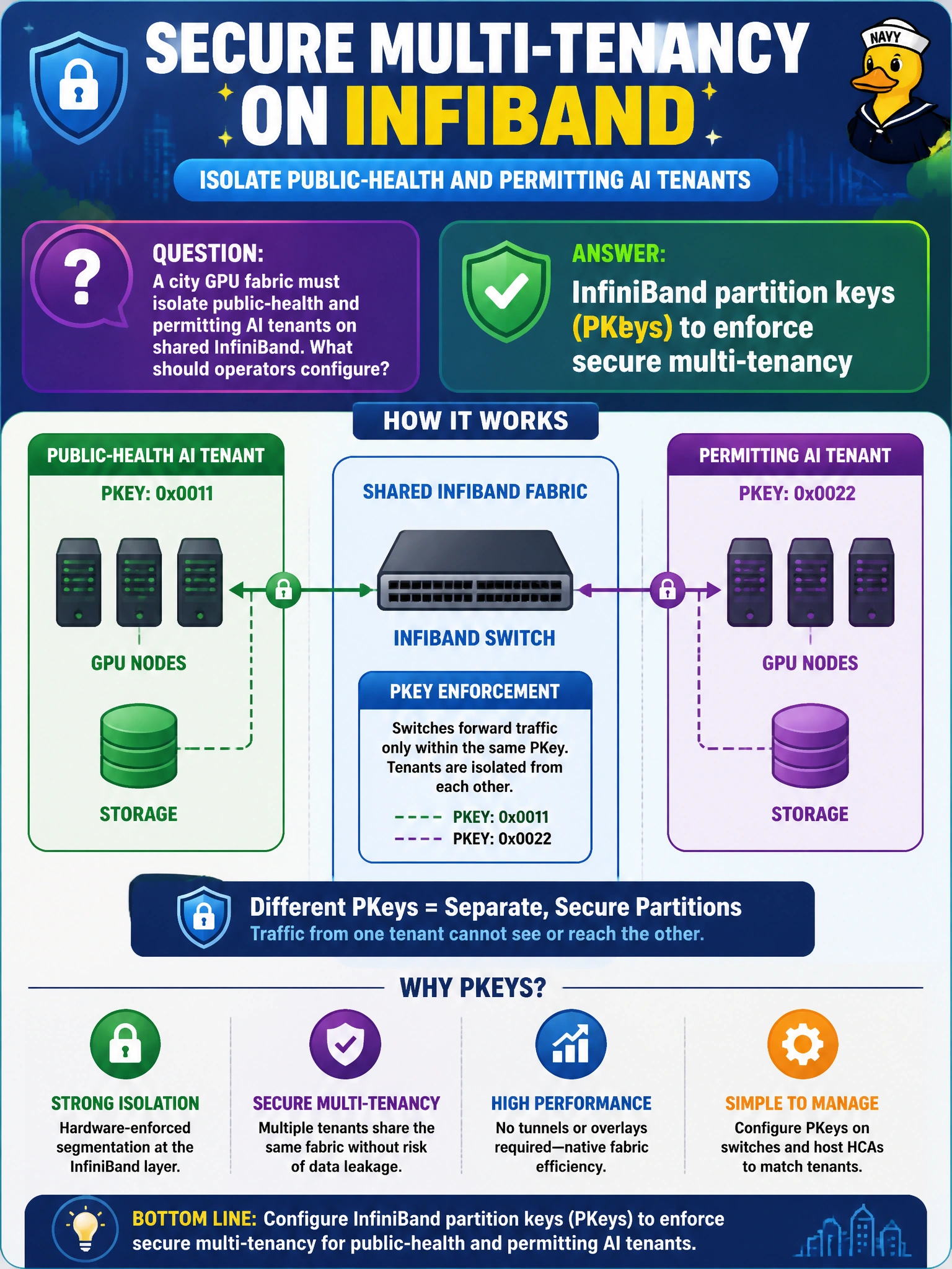 To Create an exciting colorful infographic that explains the concepts in the question: Question: A city GPU fabric must isolate public-health and permitting AI tenants on shared InfiniBand. What should operators configure? Correct Answer: InfiniBand partition keys (PKeys) to enforce secure multi-tenancy Put EVERY visible label in double quotes. No people. No A/B/C/D letters. In one of the four corners put a little "Navy Duck".