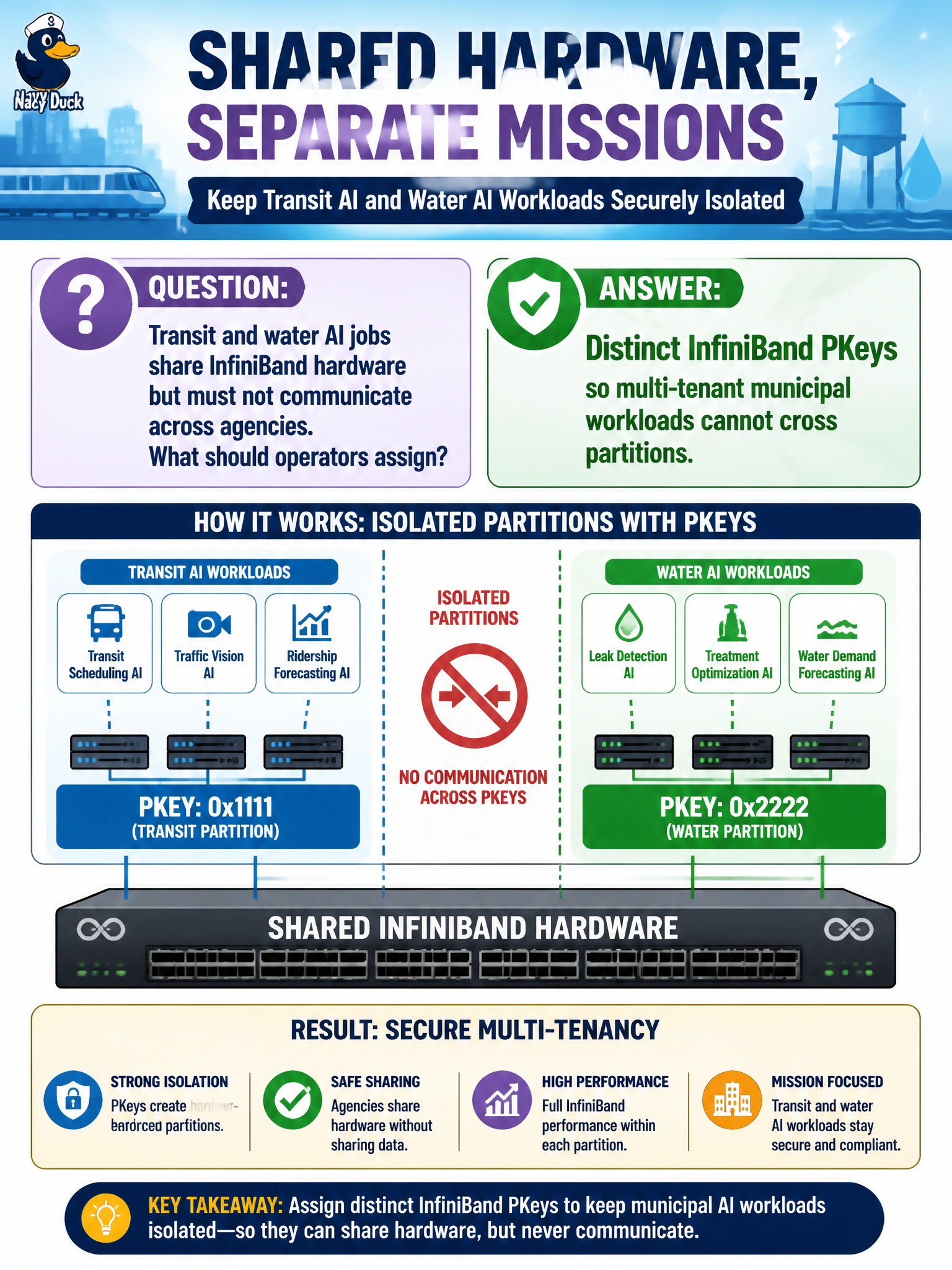 To Create an exciting colorful infographic that explains the concepts in the question: Question: Transit and water AI jobs share InfiniBand hardware but must not communicate across agencies. What should operators assign? Correct Answer: Distinct InfiniBand PKeys so multi-tenant municipal workloads cannot cross partitions Put EVERY visible label in double quotes. No people. No A/B/C/D letters. In one of the four corners put a little "Navy Duck".