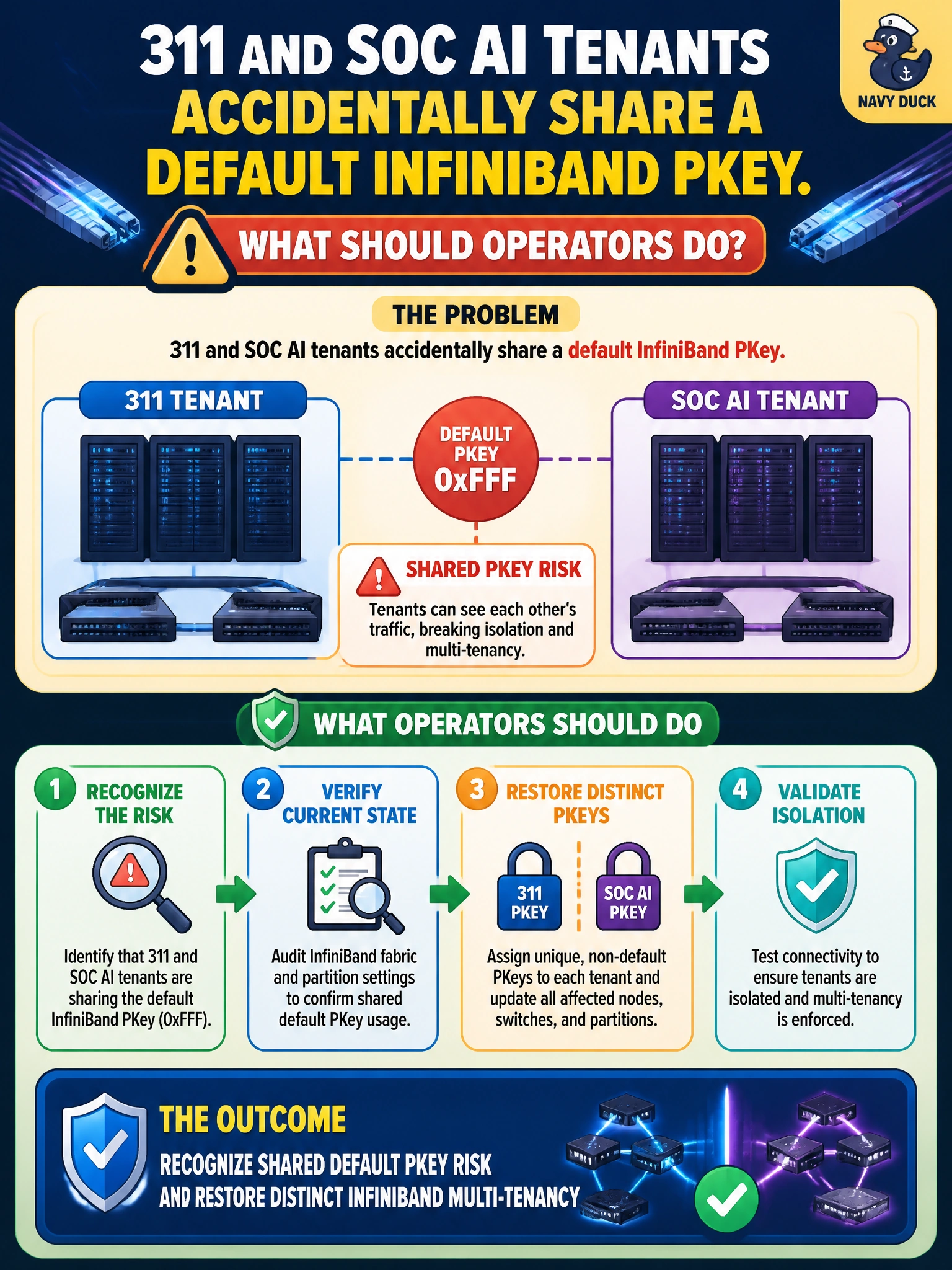 To Create an exciting colorful infographic that explains the concepts in the question: Question: 311 and SOC AI tenants accidentally share a default InfiniBand PKey. What should operators do? Correct Answer: Recognize shared default PKey risk and restore distinct InfiniBand multi-tenancy Put EVERY visible label in double quotes. No people. No A/B/C/D letters. In one of the four corners put a little "Navy Duck".