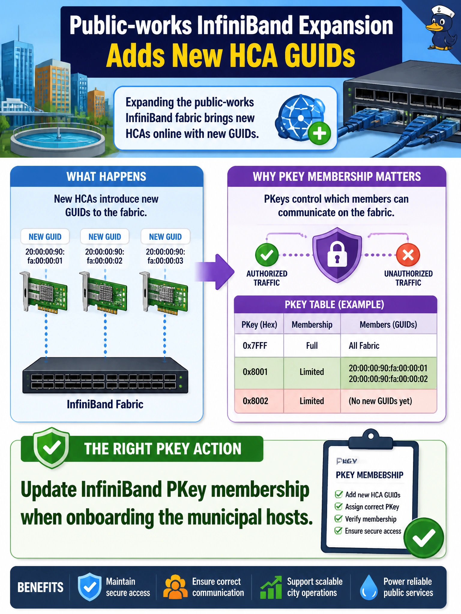To Create an exciting colorful infographic that explains the concepts in the question: Question: Public-works InfiniBand expansion adds new HCA GUIDs. What PKey action should operators take? Correct Answer: Update InfiniBand PKey membership when onboarding the municipal hosts Put EVERY visible label in double quotes. No people. No A/B/C/D letters. In one of the four corners put a little "Navy Duck".