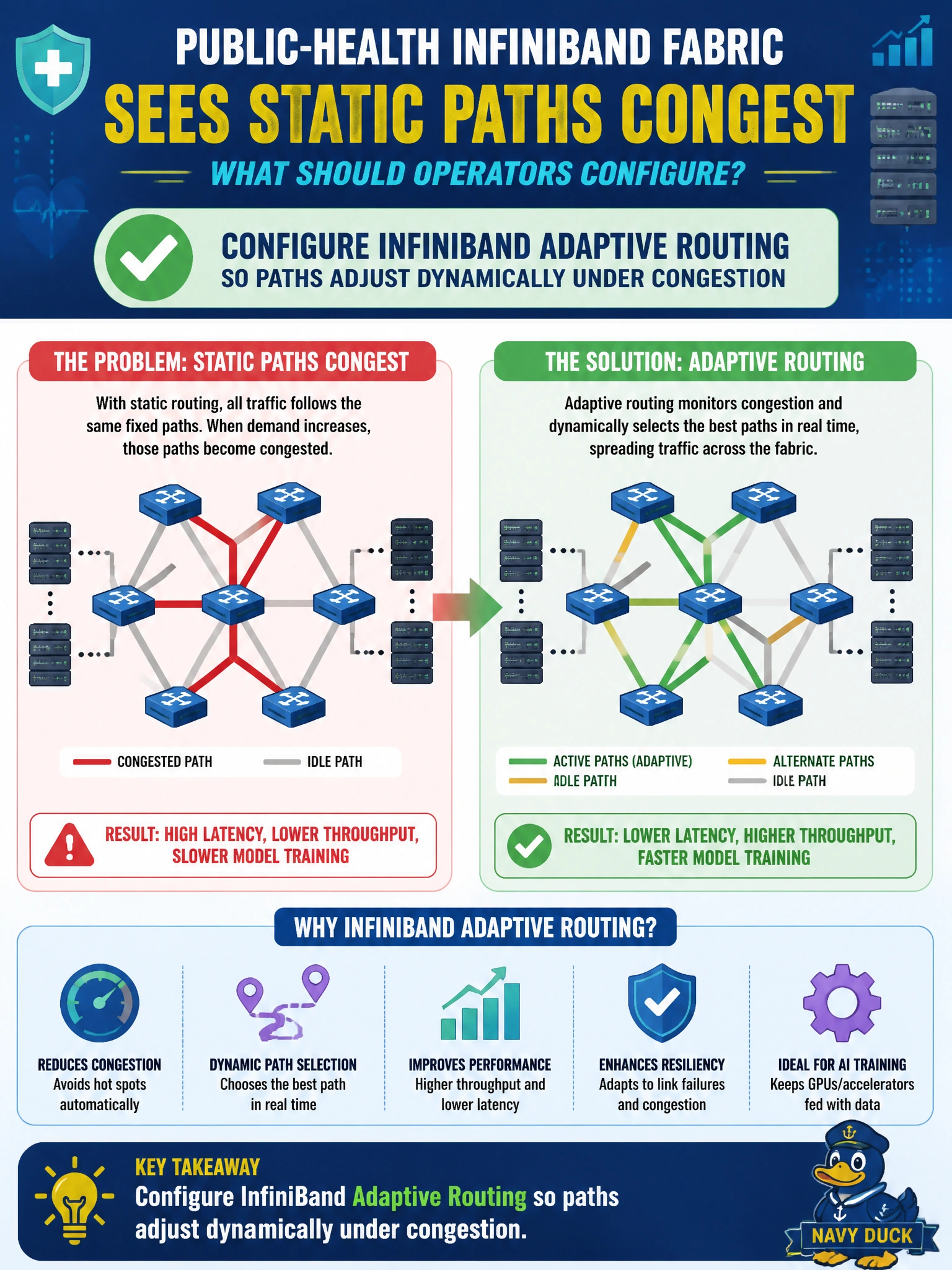 To Create an exciting colorful infographic that explains the concepts in the question: Question: A public-health InfiniBand fabric sees static paths congest during model training. What should operators configure? Correct Answer: InfiniBand adaptive routing so paths adjust dynamically under congestion Put EVERY visible label in double quotes. No people. No A/B/C/D letters. In one of the four corners put a little "Navy Duck".