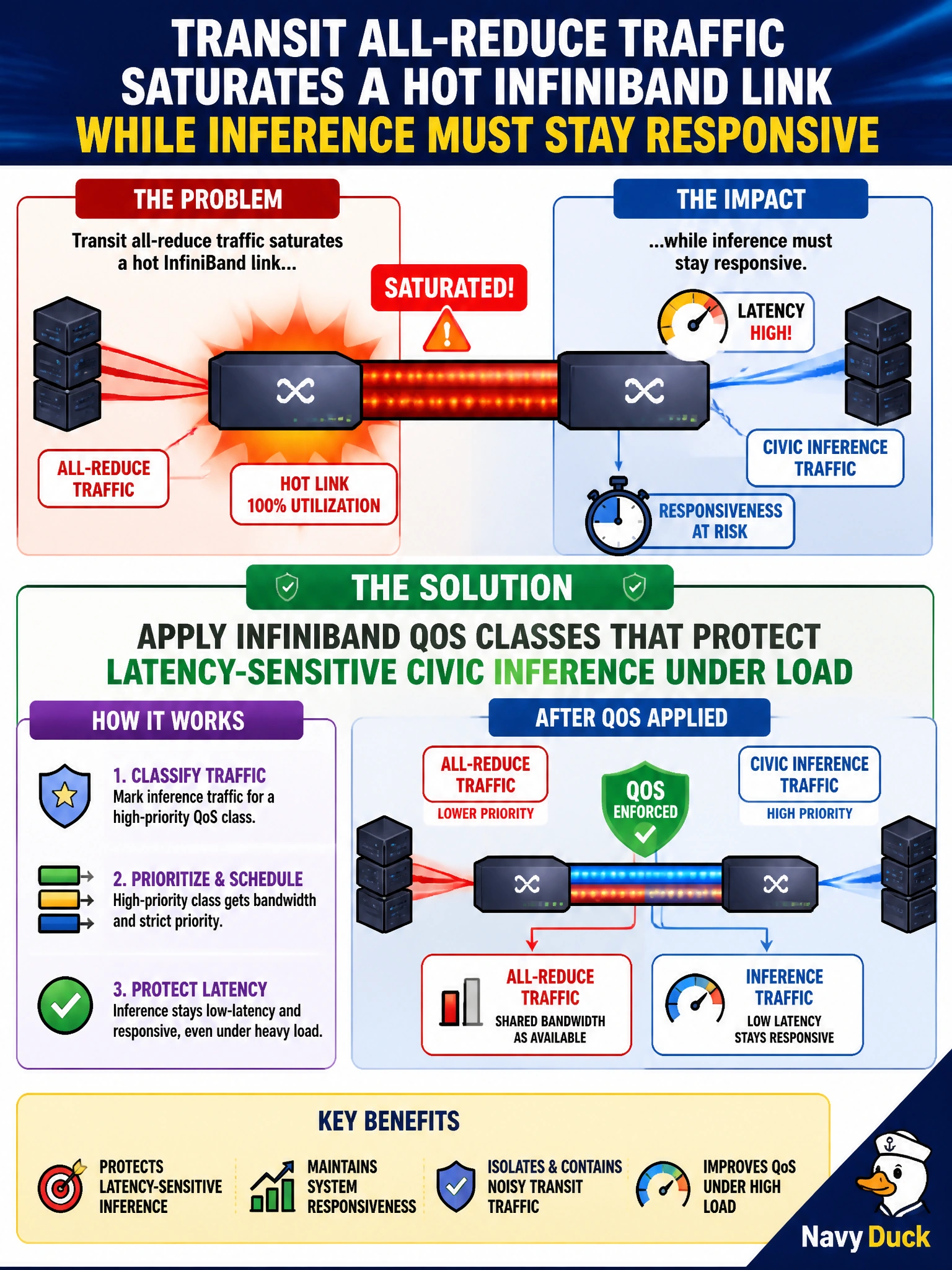 To Create an exciting colorful infographic that explains the concepts in the question: Question: Transit all-reduce traffic saturates a hot InfiniBand link while inference must stay responsive. What should operators apply? Correct Answer: InfiniBand QoS classes that protect latency-sensitive civic inference under load Put EVERY visible label in double quotes. No people. No A/B/C/D letters. In one of the four corners put a little "Navy Duck".