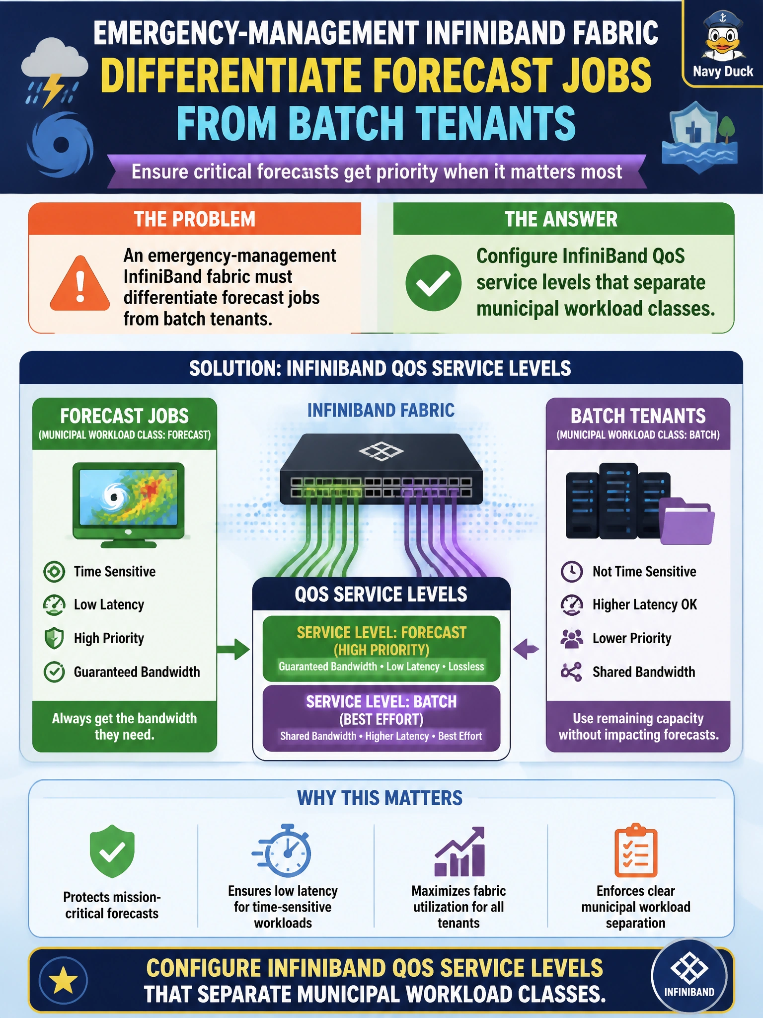 To Create an exciting colorful infographic that explains the concepts in the question: Question: An emergency-management InfiniBand fabric must differentiate forecast jobs from batch tenants. What should operators configure? Correct Answer: InfiniBand QoS service levels that separate municipal workload classes Put EVERY visible label in double quotes. No people. No A/B/C/D letters. In one of the four corners put a little "Navy Duck".