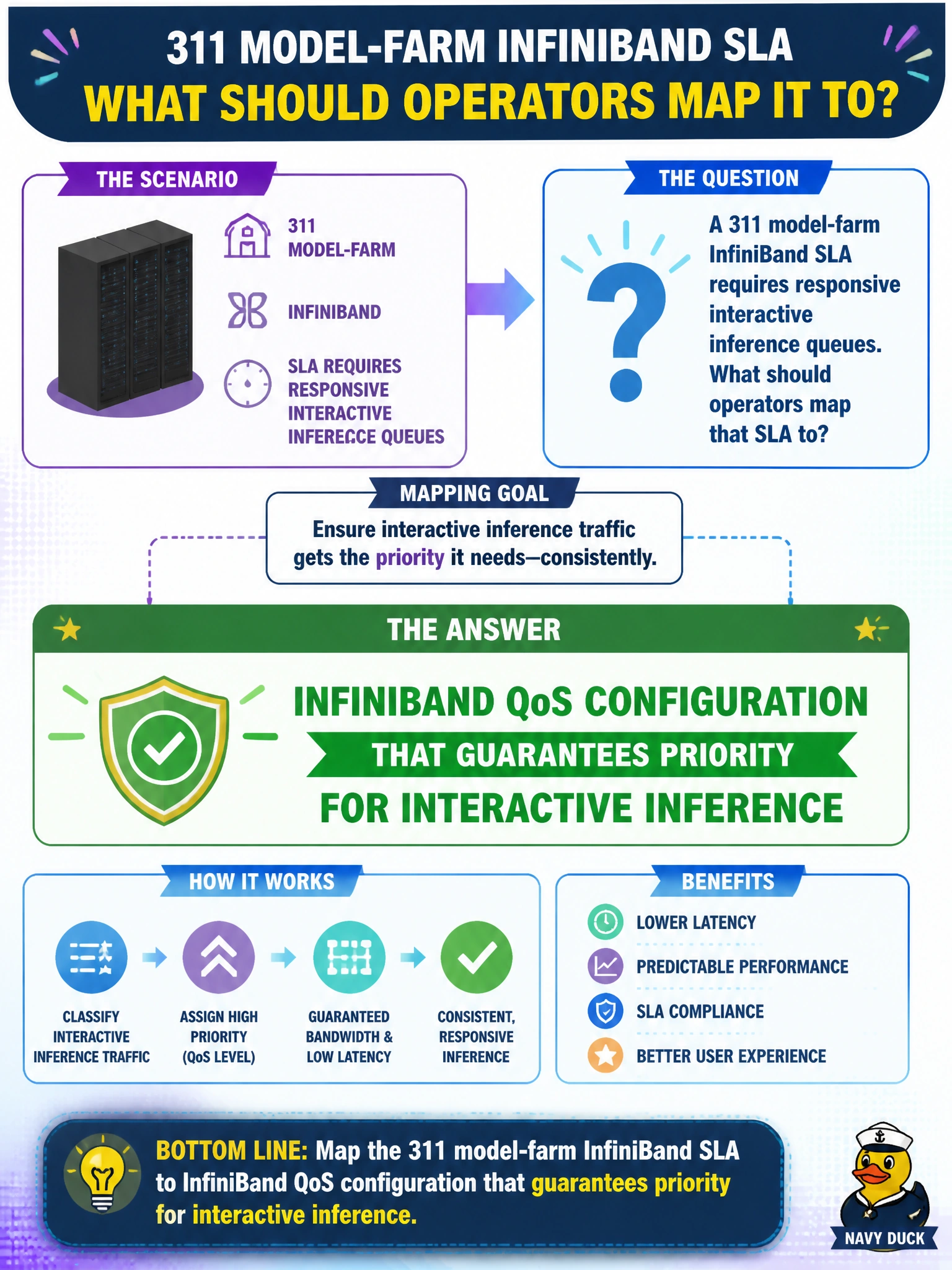 To Create an exciting colorful infographic that explains the concepts in the question: Question: A 311 model-farm InfiniBand SLA requires responsive interactive inference queues. What should operators map that SLA to? Correct Answer: InfiniBand QoS configuration that guarantees priority for interactive inference Put EVERY visible label in double quotes. No people. No A/B/C/D letters. In one of the four corners put a little "Navy Duck".