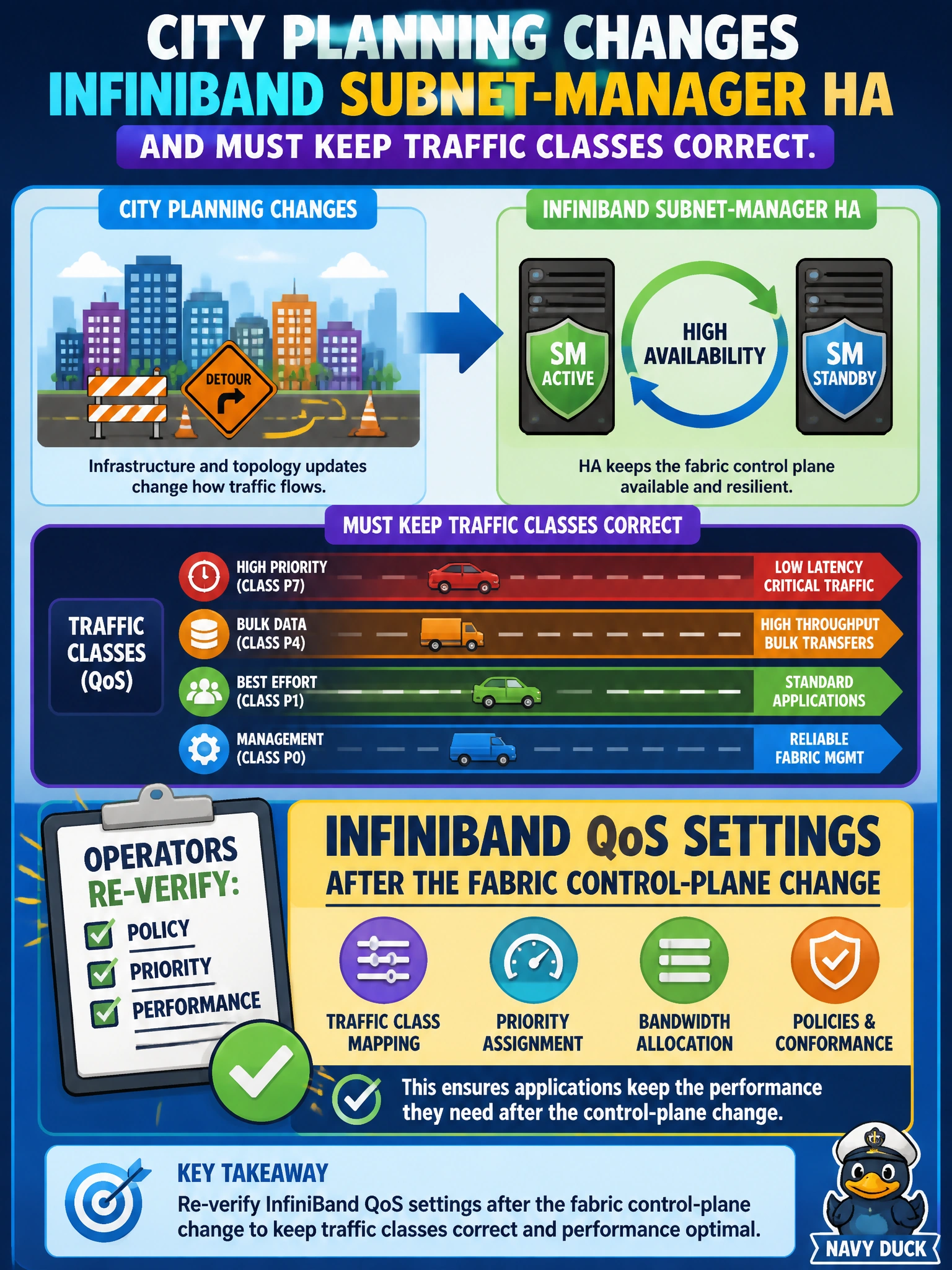 To Create an exciting colorful infographic that explains the concepts in the question: Question: City planning changes InfiniBand subnet-manager HA and must keep traffic classes correct. What should operators re-verify? Correct Answer: InfiniBand QoS settings after the fabric control-plane change Put EVERY visible label in double quotes. No people. No A/B/C/D letters. In one of the four corners put a little "Navy Duck".