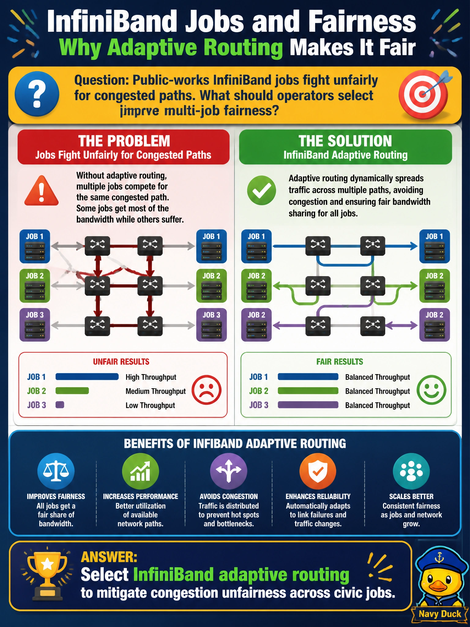 To Create an exciting colorful infographic that explains the concepts in the question: Question: Public-works InfiniBand jobs fight unfairly for congested paths. What should operators select to improve multi-job fairness? Correct Answer: InfiniBand adaptive routing to mitigate congestion unfairness across civic jobs Put EVERY visible label in double quotes. No people. No A/B/C/D letters. In one of the four corners put a little "Navy Duck".