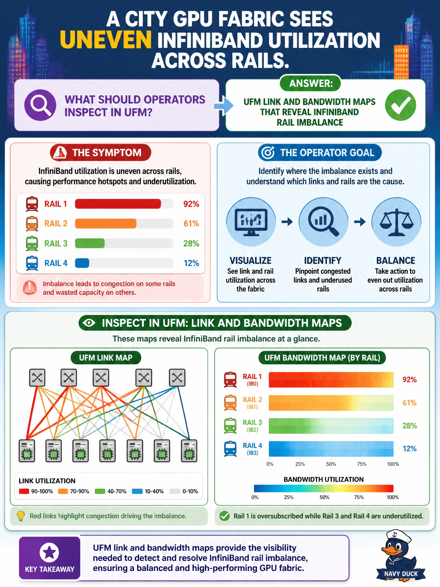 To Create an exciting colorful infographic that explains the concepts in the question: Question: A city GPU fabric sees uneven InfiniBand utilization across rails. What should operators inspect in UFM? Correct Answer: UFM link and bandwidth maps that reveal InfiniBand rail imbalance Put EVERY visible label in double quotes. No people. No A/B/C/D letters. In one of the four corners put a little "Navy Duck".