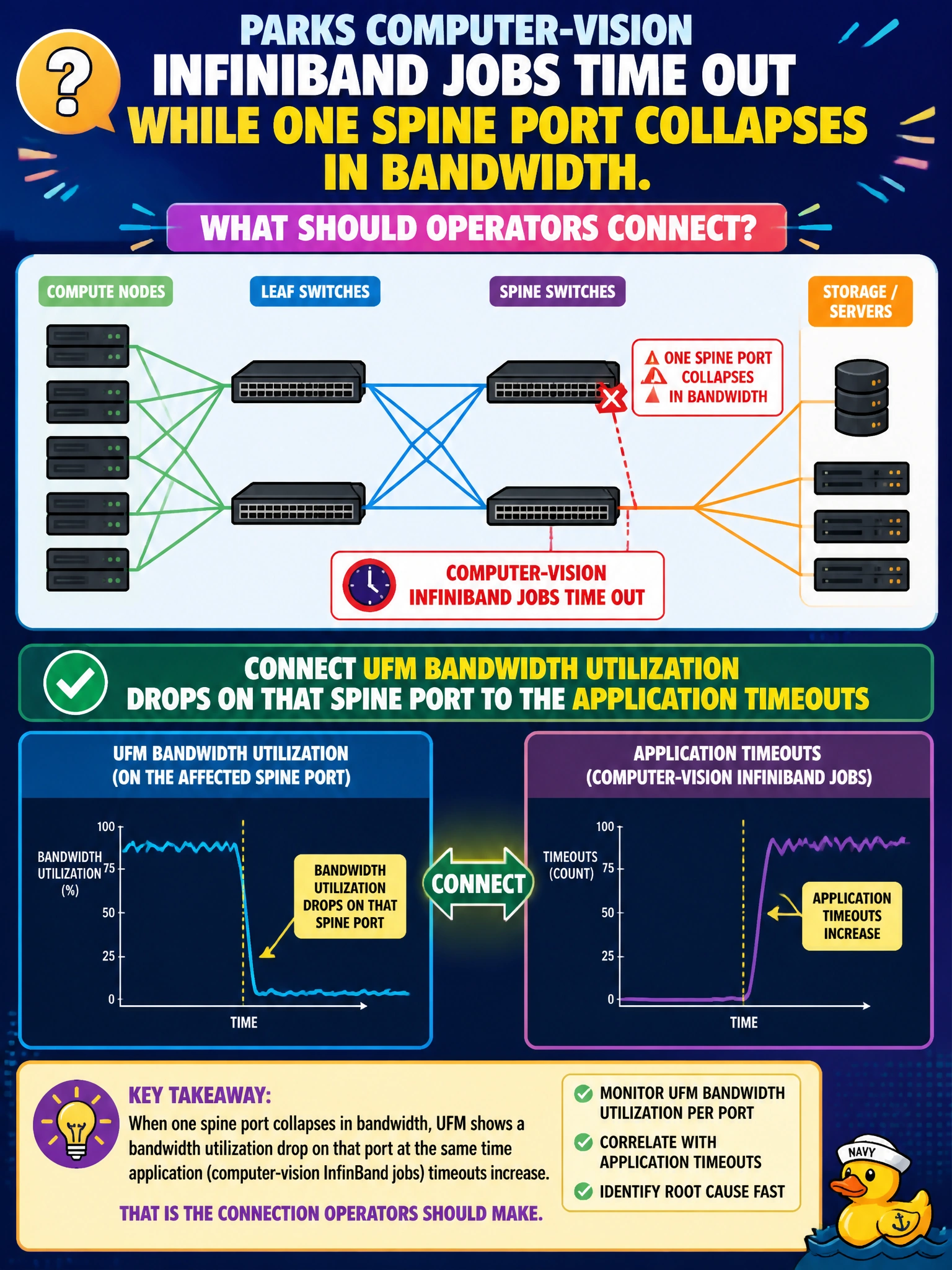 To Create an exciting colorful infographic that explains the concepts in the question: Question: Parks computer-vision InfiniBand jobs time out while one spine port collapses in bandwidth. What should operators connect? Correct Answer: UFM bandwidth utilization drops on that spine port to the application timeouts Put EVERY visible label in double quotes. No people. No A/B/C/D letters. In one of the four corners put a little "Navy Duck".