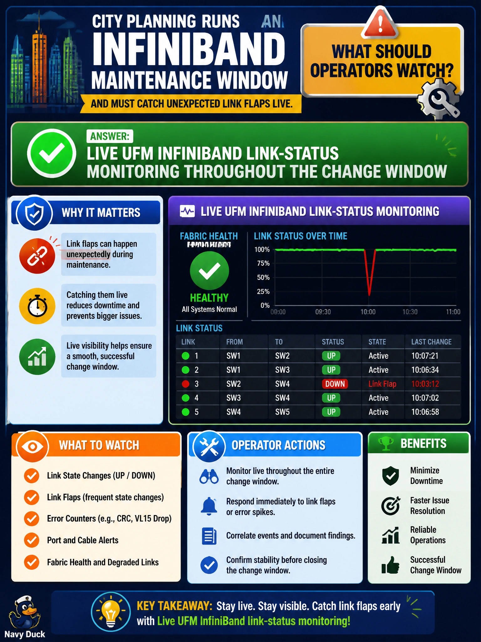 To Create an exciting colorful infographic that explains the concepts in the question: Question: City planning runs an InfiniBand maintenance window and must catch unexpected link flaps live. What should operators watch? Correct Answer: Live UFM InfiniBand link-status monitoring throughout the change window Put EVERY visible label in double quotes. No people. No A/B/C/D letters. In one of the four corners put a little "Navy Duck".