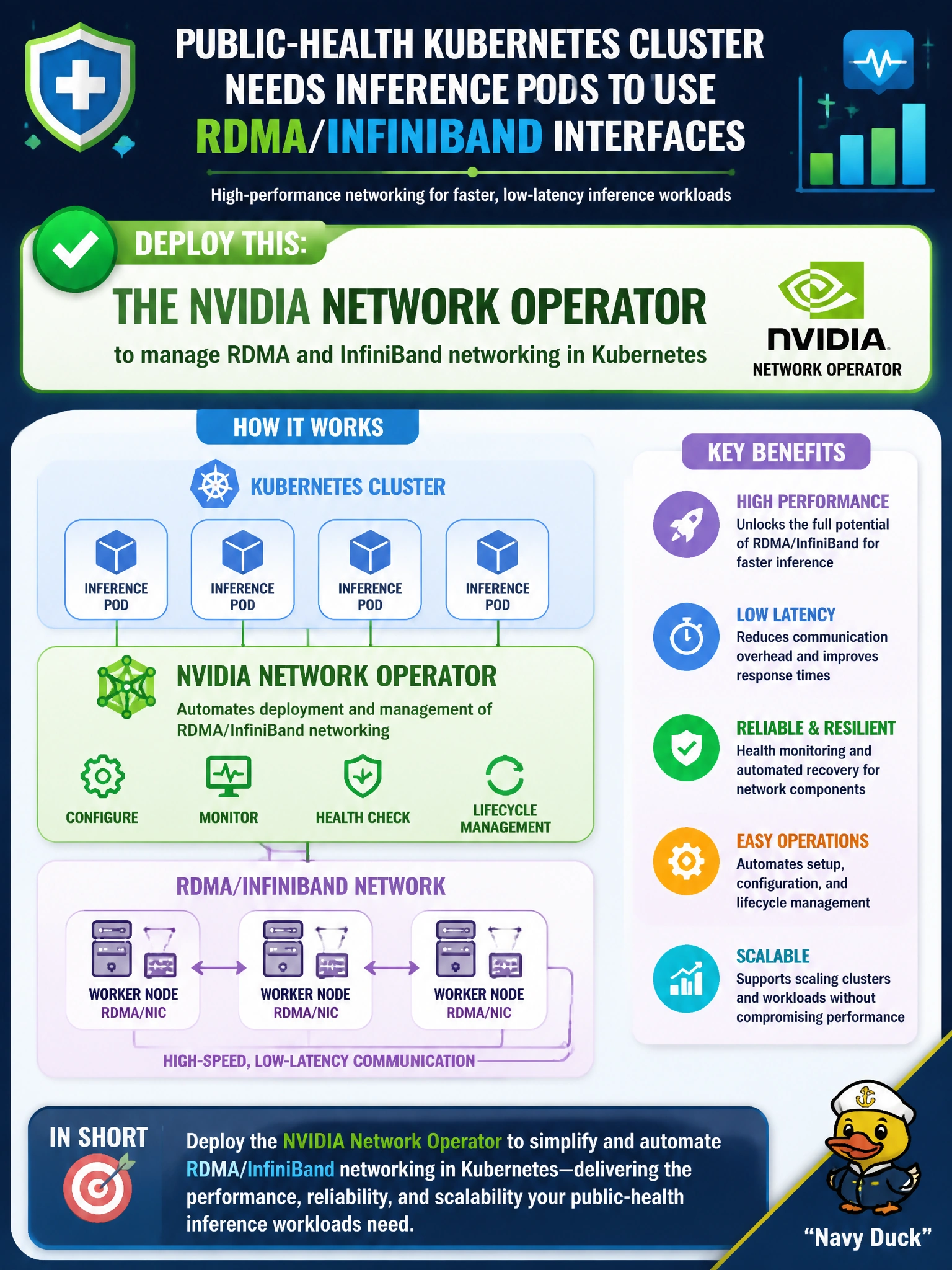 To Create an exciting colorful infographic that explains the concepts in the question: Question: A public-health Kubernetes cluster needs inference pods to use RDMA/InfiniBand interfaces. What should operators deploy? Correct Answer: The NVIDIA Network Operator to manage RDMA and InfiniBand networking in Kubernetes Put EVERY visible label in double quotes. No people. No A/B/C/D letters. In one of the four corners put a little "Navy Duck".