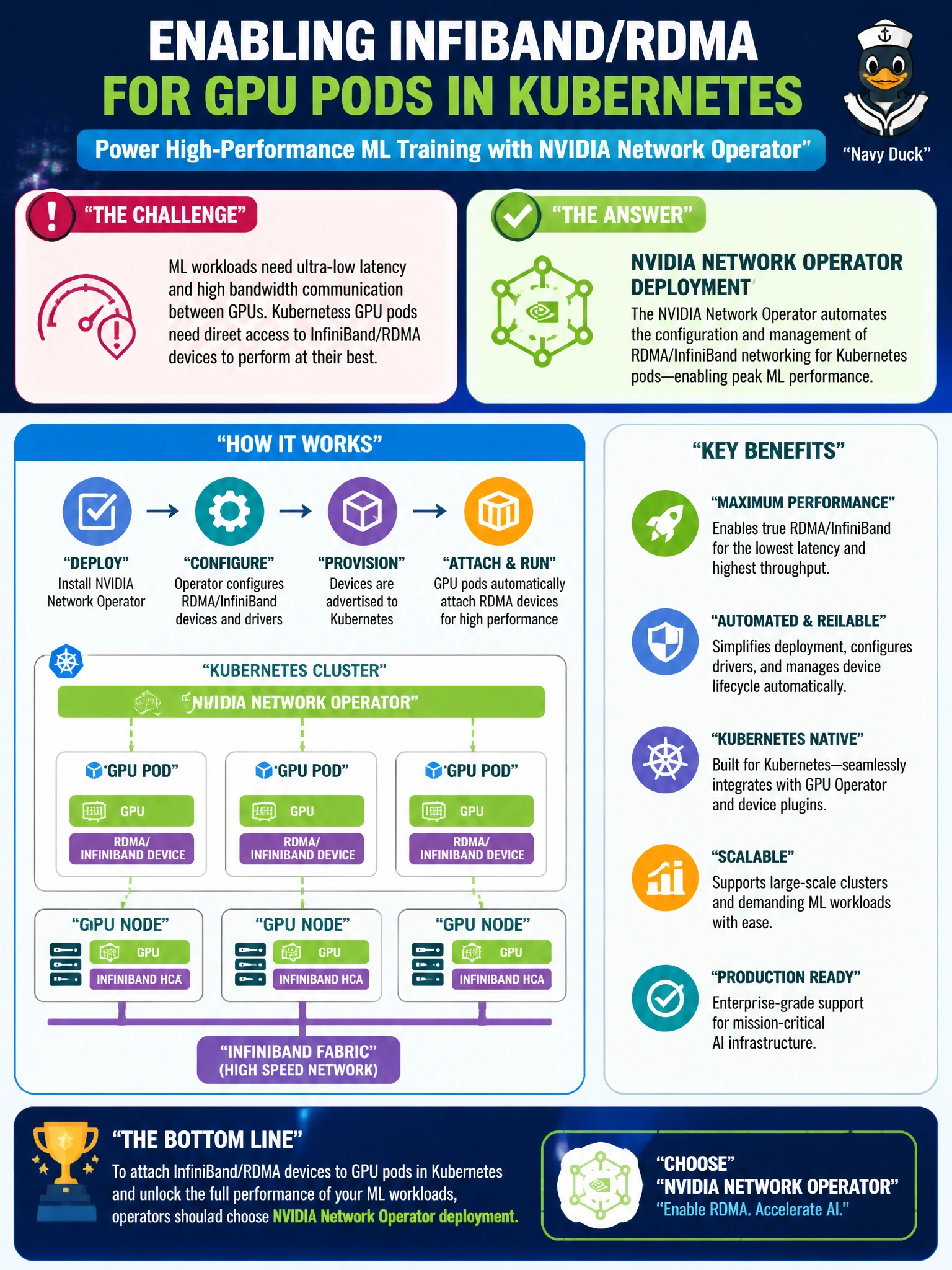 To Create an exciting colorful infographic that explains the concepts in the question: Question: A transit ML platform’s GPU pods must attach InfiniBand/RDMA devices in Kubernetes. What deployment should operators choose? Correct Answer: NVIDIA Network Operator deployment to enable RDMA/InfiniBand for Kubernetes pods Put EVERY visible label in double quotes. No people. No A/B/C/D letters. In one of the four corners put a little "Navy Duck".