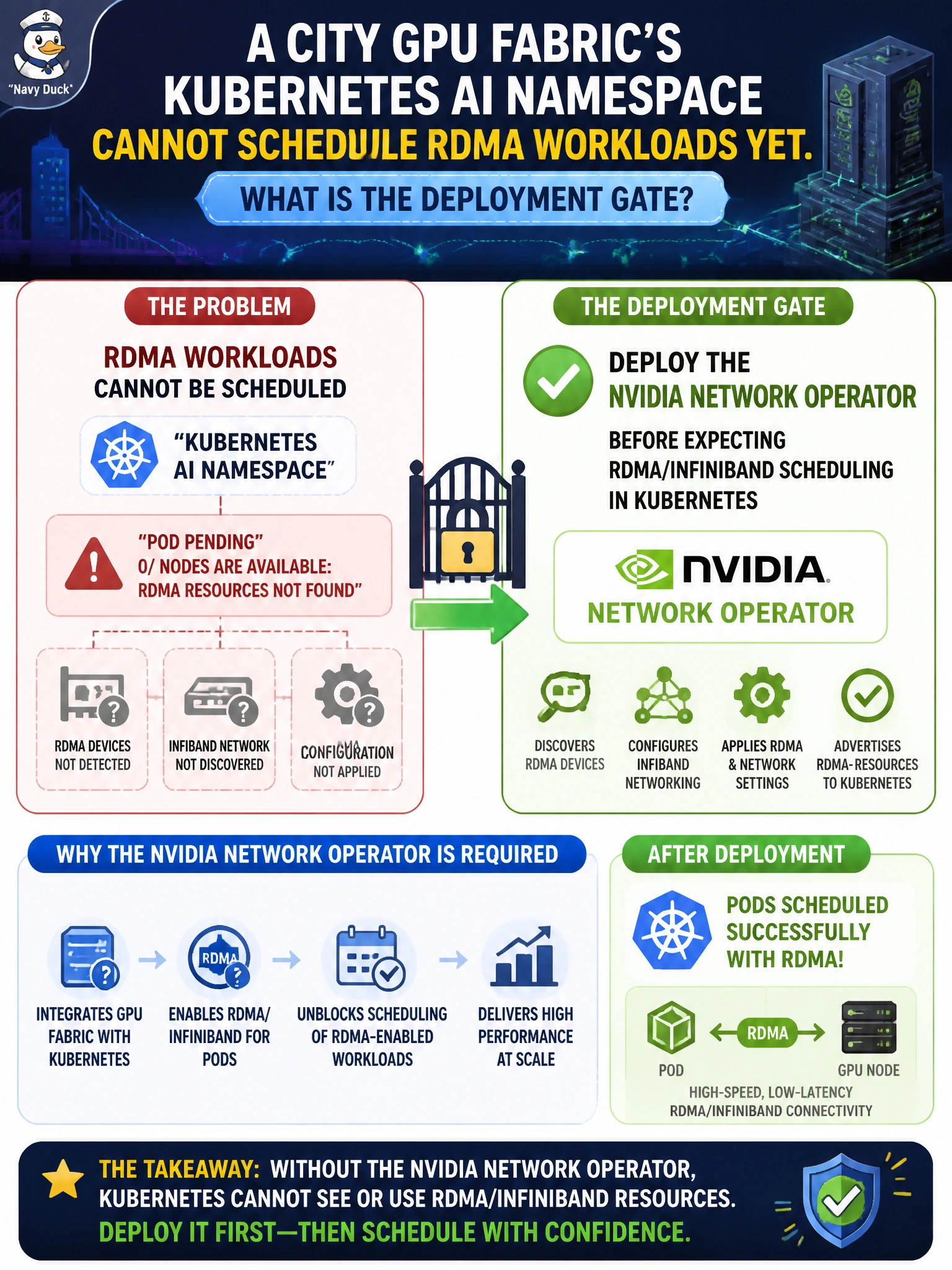 To Create an exciting colorful infographic that explains the concepts in the question: Question: A city GPU fabric’s Kubernetes AI namespace cannot schedule RDMA workloads yet. What is the deployment gate? Correct Answer: Deploy the NVIDIA Network Operator before expecting RDMA/InfiniBand scheduling in Kubernetes Put EVERY visible label in double quotes. No people. No A/B/C/D letters. In one of the four corners put a little "Navy Duck".