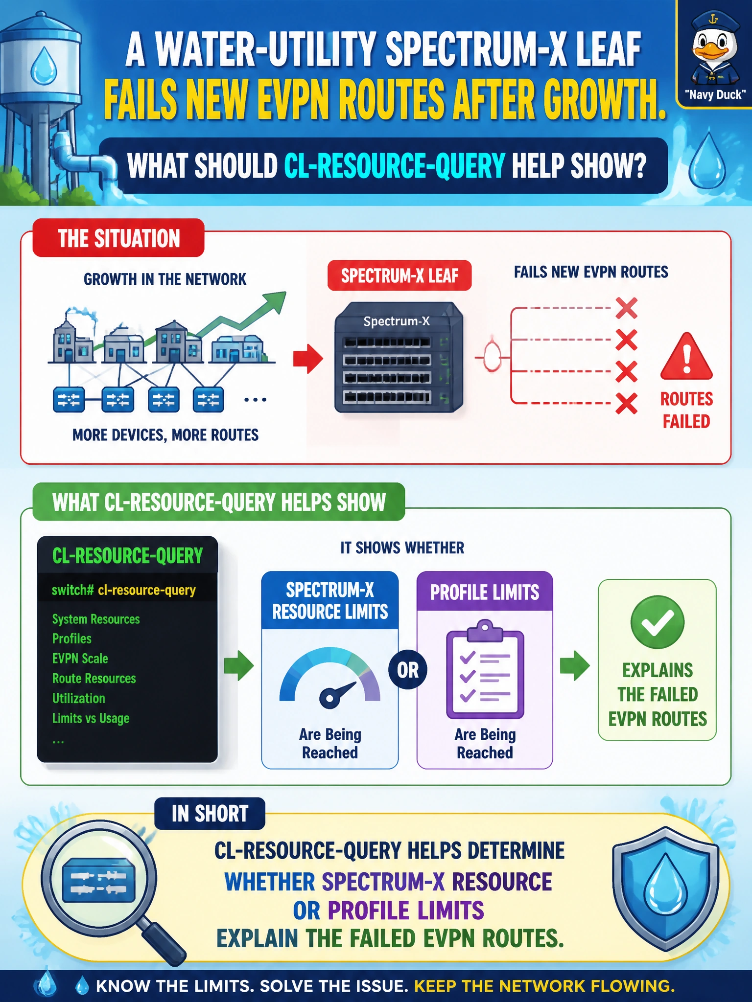 To Create an exciting colorful infographic that explains the concepts in the question: Question: A water-utility Spectrum-X leaf fails new EVPN routes after growth. What should cl-resource-query help show? Correct Answer: Whether Spectrum-X resource or profile limits explain the failed EVPN routes Put EVERY visible label in double quotes. No people. No A/B/C/D letters. In one of the four corners put a little "Navy Duck".