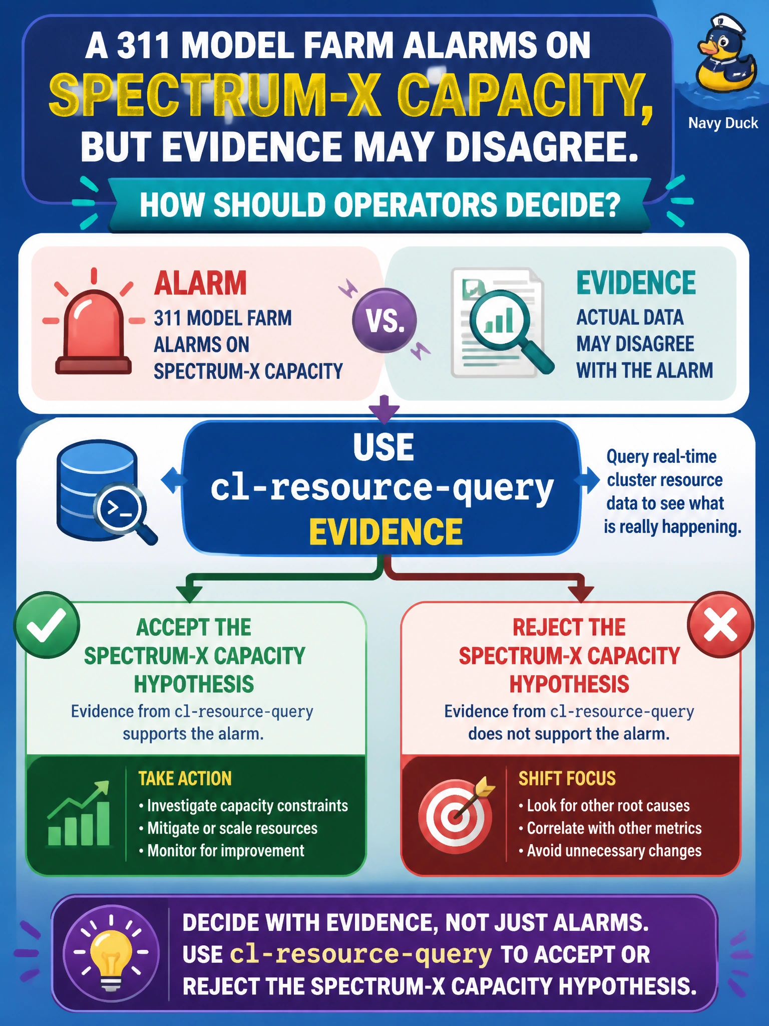 To Create an exciting colorful infographic that explains the concepts in the question: Question: A 311 model farm alarms on Spectrum-X capacity, but evidence may disagree. How should operators decide? Correct Answer: Use cl-resource-query evidence to accept or reject the Spectrum-X capacity hypothesis Put EVERY visible label in double quotes. No people. No A/B/C/D letters. In one of the four corners put a little "Navy Duck".