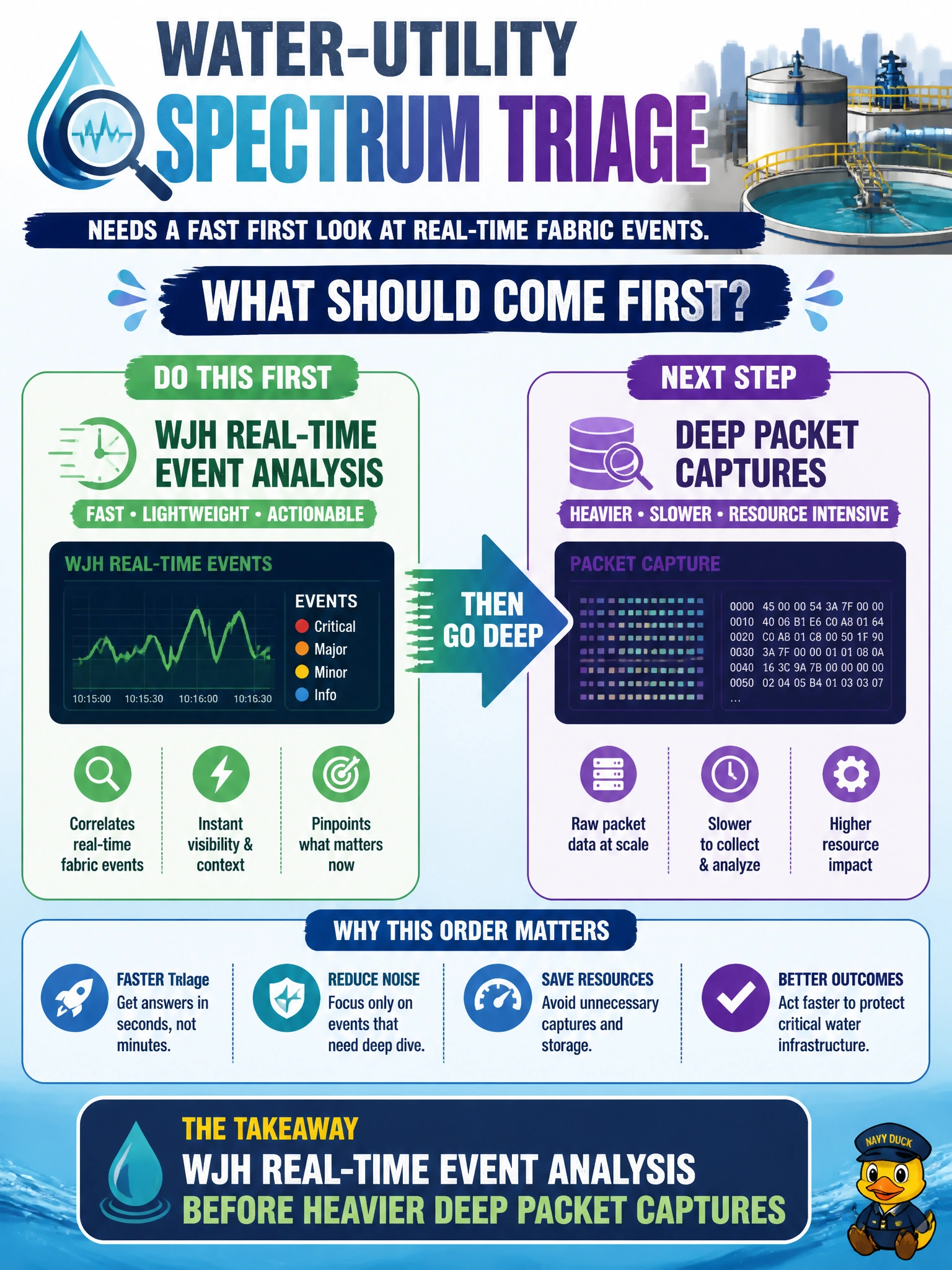 To Create an exciting colorful infographic that explains the concepts in the question: Question: Water-utility Spectrum triage needs a fast first look at real-time fabric events. What should come first? Correct Answer: WJH real-time event analysis before heavier deep packet captures Put EVERY visible label in double quotes. No people. No A/B/C/D letters. In one of the four corners put a little "Navy Duck".