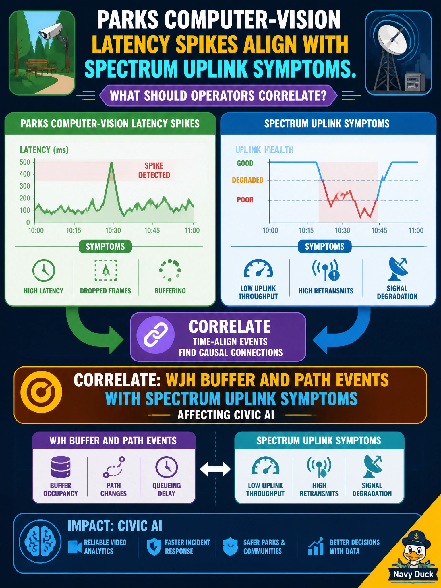 To Create an exciting colorful infographic that explains the concepts in the question: Question: Parks computer-vision latency spikes align with Spectrum uplink symptoms. What should operators correlate? Correct Answer: WJH buffer and path events with Spectrum uplink symptoms affecting civic AI Put EVERY visible label in double quotes. No people. No A/B/C/D letters. In one of the four corners put a little "Navy Duck".