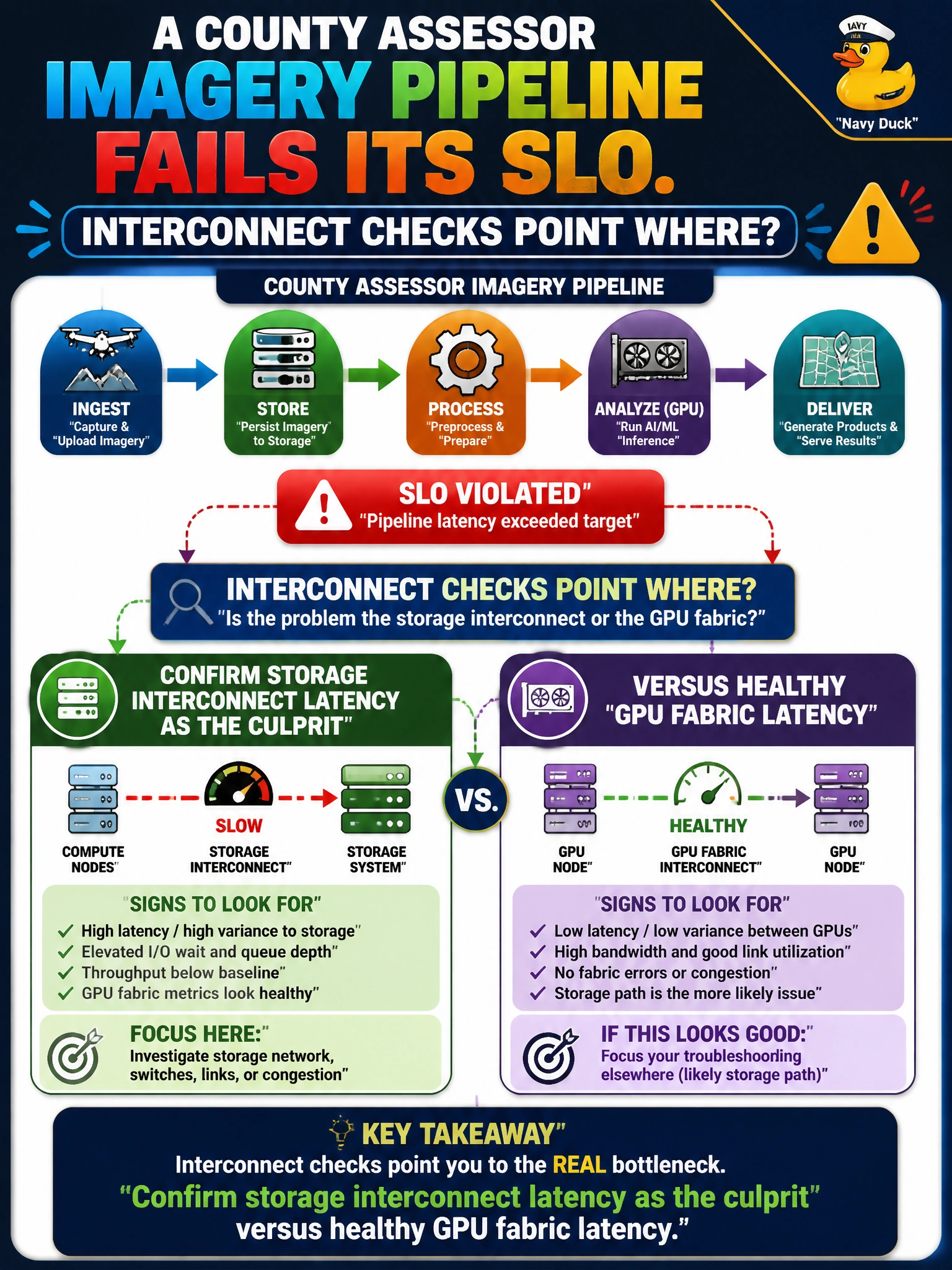 To Create an exciting colorful infographic that explains the concepts in the question: Question: A county assessor imagery pipeline fails its SLO. Interconnect checks point where? Correct Answer: Confirm storage interconnect latency as the culprit versus healthy GPU fabric latency Put EVERY visible label in double quotes. No people. No A/B/C/D letters. In one of the four corners put a little "Navy Duck".