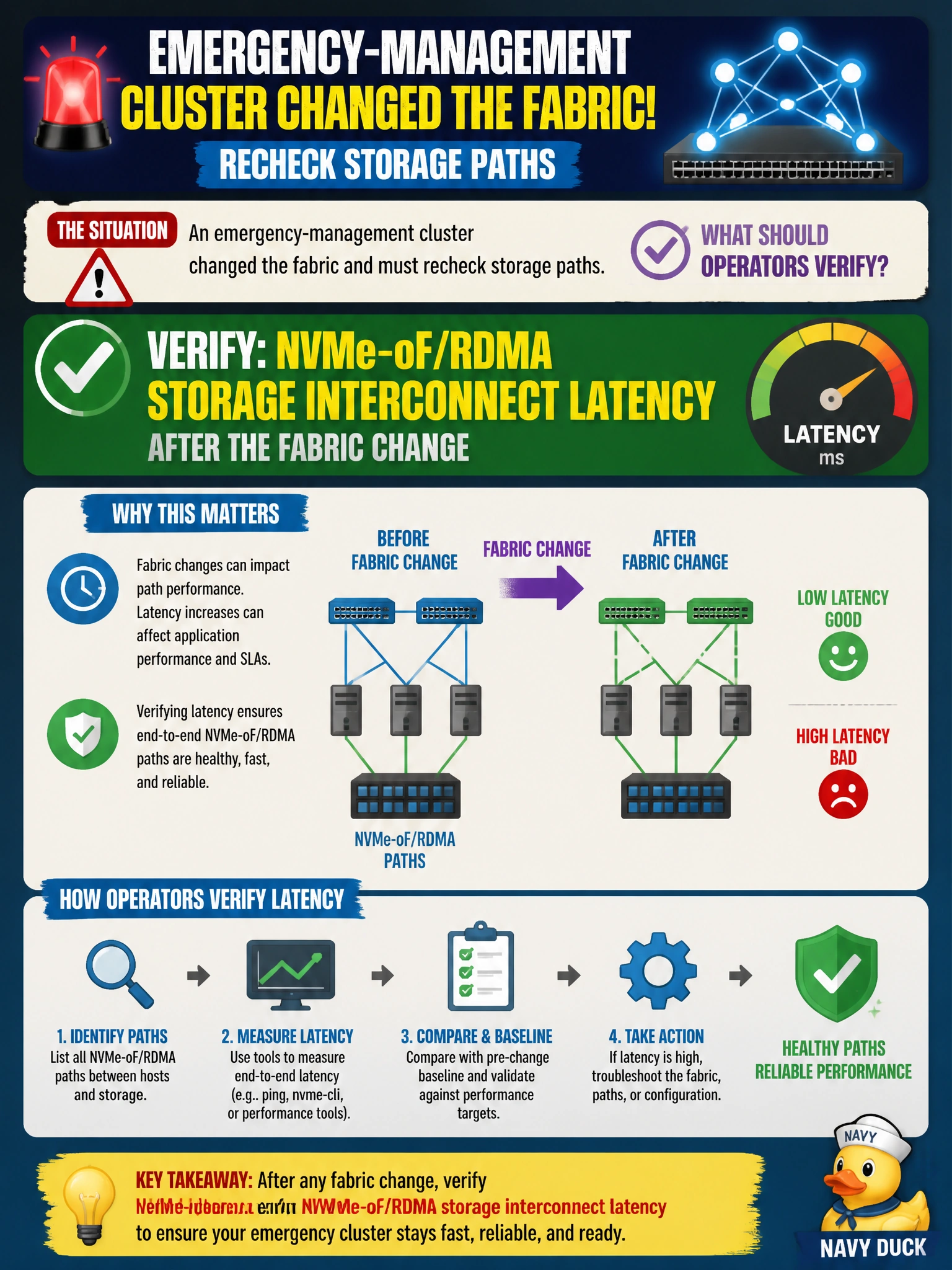 To Create an exciting colorful infographic that explains the concepts in the question: Question: An emergency-management cluster changed the fabric and must recheck storage paths. What should operators verify? Correct Answer: NVMe-oF/RDMA storage interconnect latency after the fabric change Put EVERY visible label in double quotes. No people. No A/B/C/D letters. In one of the four corners put a little "Navy Duck".