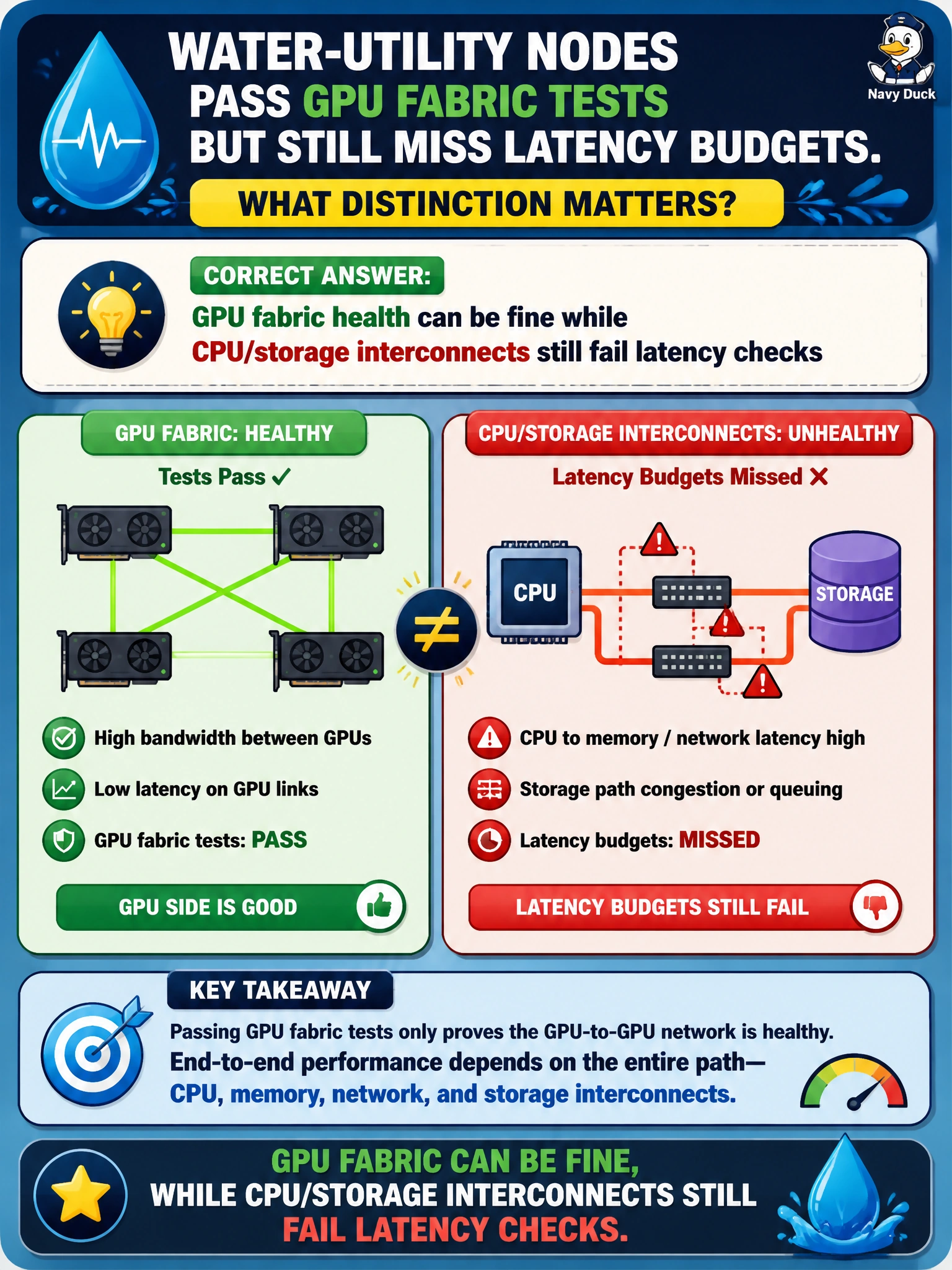 To Create an exciting colorful infographic that explains the concepts in the question: Question: Water-utility nodes pass GPU fabric tests but still miss latency budgets. What distinction matters? Correct Answer: GPU fabric health can be fine while CPU/storage interconnects still fail latency checks Put EVERY visible label in double quotes. No people. No A/B/C/D letters. In one of the four corners put a little "Navy Duck".