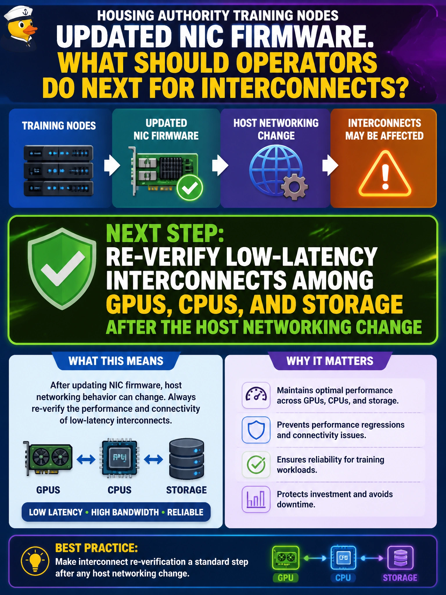 To Create an exciting colorful infographic that explains the concepts in the question: Question: Housing authority training nodes updated NIC firmware. What should operators do next for interconnects? Correct Answer: Re-verify low-latency interconnects among GPUs, CPUs, and storage after the host networking change Put EVERY visible label in double quotes. No people. No A/B/C/D letters. In one of the four corners put a little "Navy Duck".