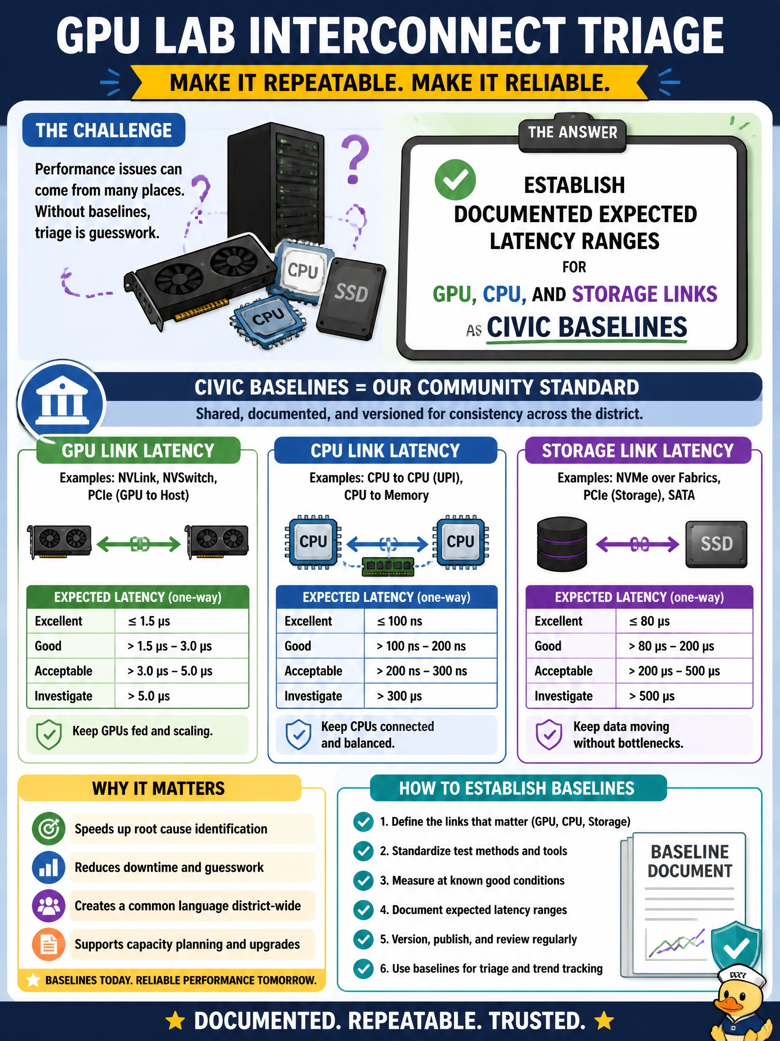 To Create an exciting colorful infographic that explains the concepts in the question: Question: A school-district GPU lab needs repeatable interconnect triage. What should operators establish? Correct Answer: Documented expected latency ranges for GPU, CPU, and storage links as civic baselines Put EVERY visible label in double quotes. No people. No A/B/C/D letters. In one of the four corners put a little "Navy Duck".