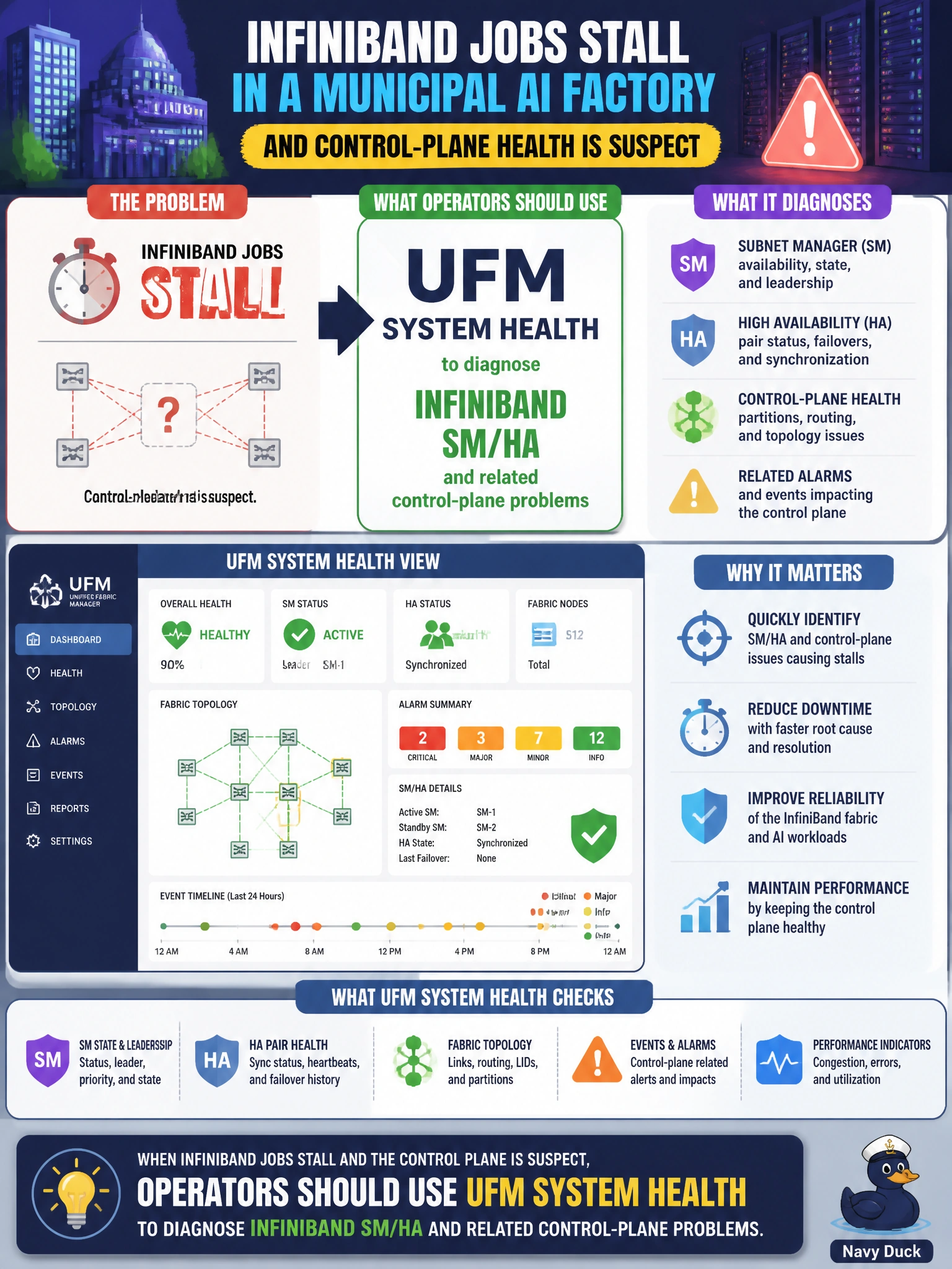 To Create an exciting colorful infographic that explains the concepts in the question: Question: InfiniBand jobs stall in a municipal AI factory and control-plane health is suspect. What should operators use? Correct Answer: UFM system health to diagnose InfiniBand SM/HA and related control-plane problems Put EVERY visible label in double quotes. No people. No A/B/C/D letters. In one of the four corners put a little "Navy Duck".