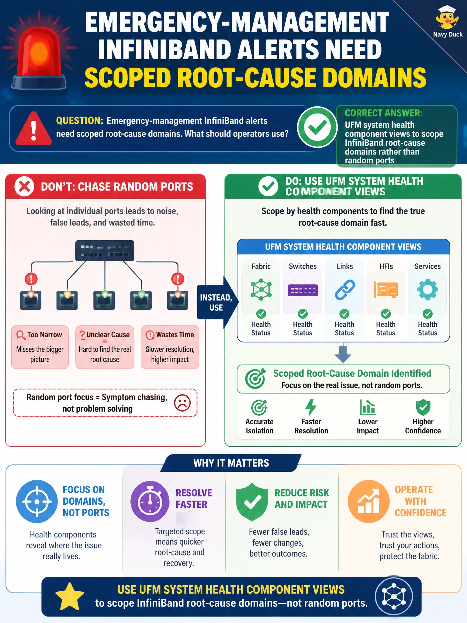 To Create an exciting colorful infographic that explains the concepts in the question: Question: Emergency-management InfiniBand alerts need scoped root-cause domains. What should operators use? Correct Answer: UFM system health component views to scope InfiniBand root-cause domains rather than random ports Put EVERY visible label in double quotes. No people. No A/B/C/D letters. In one of the four corners put a little "Navy Duck".