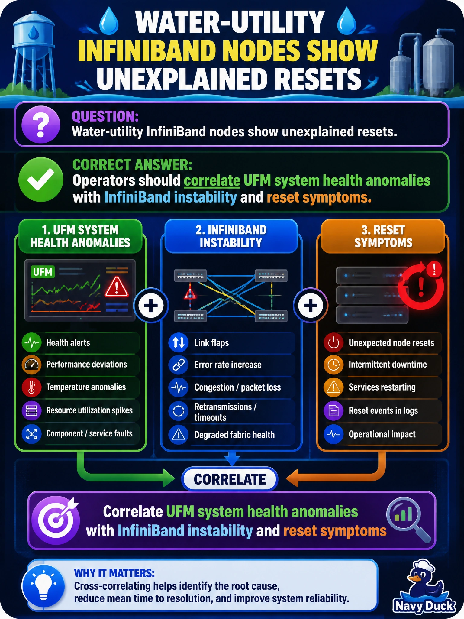 To Create an exciting colorful infographic that explains the concepts in the question: Question: Water-utility InfiniBand nodes show unexplained resets. What should operators correlate? Correct Answer: UFM system health anomalies with InfiniBand instability and reset symptoms Put EVERY visible label in double quotes. No people. No A/B/C/D letters. In one of the four corners put a little "Navy Duck".