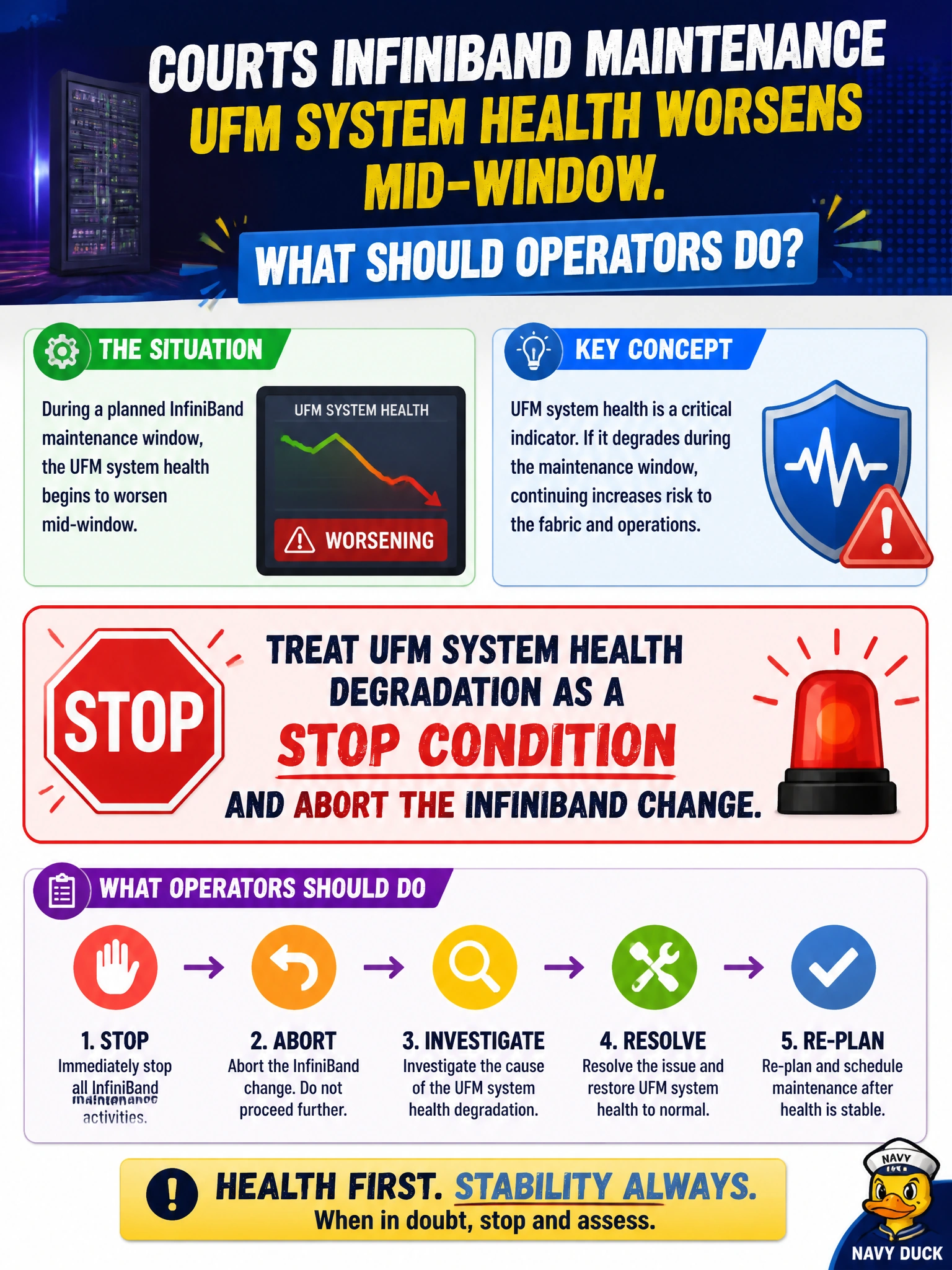 To Create an exciting colorful infographic that explains the concepts in the question: Question: Courts InfiniBand maintenance sees UFM system health worsen mid-window. What should operators do? Correct Answer: Treat UFM system health degradation as a stop condition and abort the InfiniBand change Put EVERY visible label in double quotes. No people. No A/B/C/D letters. In one of the four corners put a little "Navy Duck".