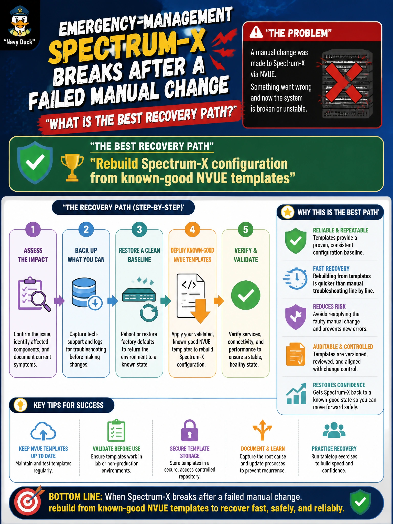 To Create an exciting colorful infographic that explains the concepts in the question: Question: Emergency-management Spectrum-X breaks after a failed manual change. What is the best recovery path? Correct Answer: Rebuild Spectrum-X configuration from known-good NVUE templates Put EVERY visible label in double quotes. No people. No A/B/C/D letters. In one of the four corners put a little "Navy Duck".