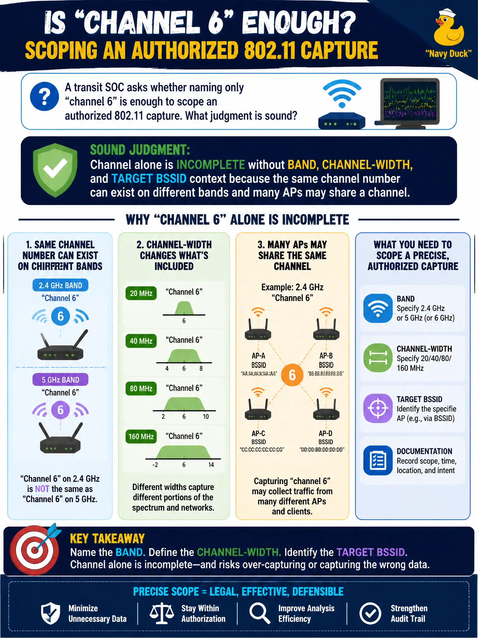 To Create an exciting colorful infographic that explains the concepts in the question: Question: A transit SOC asks whether naming only “channel 6” is enough to scope an authorized 802.11 capture. What judgment is sound? Correct Answer: Channel alone is incomplete without band, channel-width, and target BSSID context because the same channel number can exist on different bands and many APs may share a channel. Put EVERY visible label in double quotes. No people. No A/B/C/D letters. In one of the four corners put a little "Navy Duck".