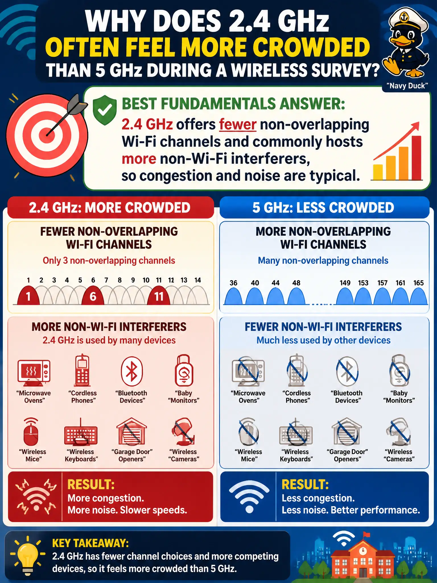 To Create an exciting colorful infographic that explains the concepts in the question: Question: A school district asks why 2.4 GHz often feels more crowded than 5 GHz during a wireless survey. What is the best fundamentals answer? Correct Answer: 2.4 GHz offers fewer non-overlapping Wi-Fi channels and commonly hosts more non-Wi-Fi interferers, so congestion and noise are typical. Put EVERY visible label in double quotes. No people. No A/B/C/D letters. In one of the four corners put a little "Navy Duck".
