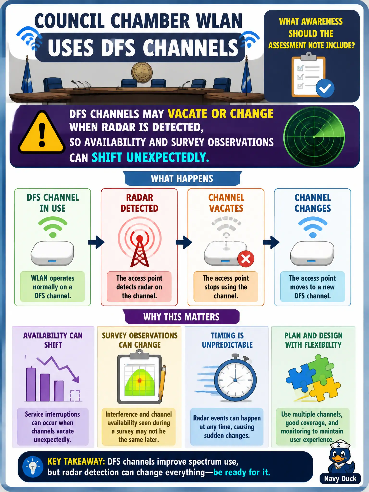 To Create an exciting colorful infographic that explains the concepts in the question: Question: A council chamber WLAN uses DFS channels. What awareness should the assessment note include? Correct Answer: DFS channels may vacate or change when radar is detected, so availability and survey observations can shift unexpectedly. Put EVERY visible label in double quotes. No people. No A/B/C/D letters. In one of the four corners put a little "Navy Duck".
