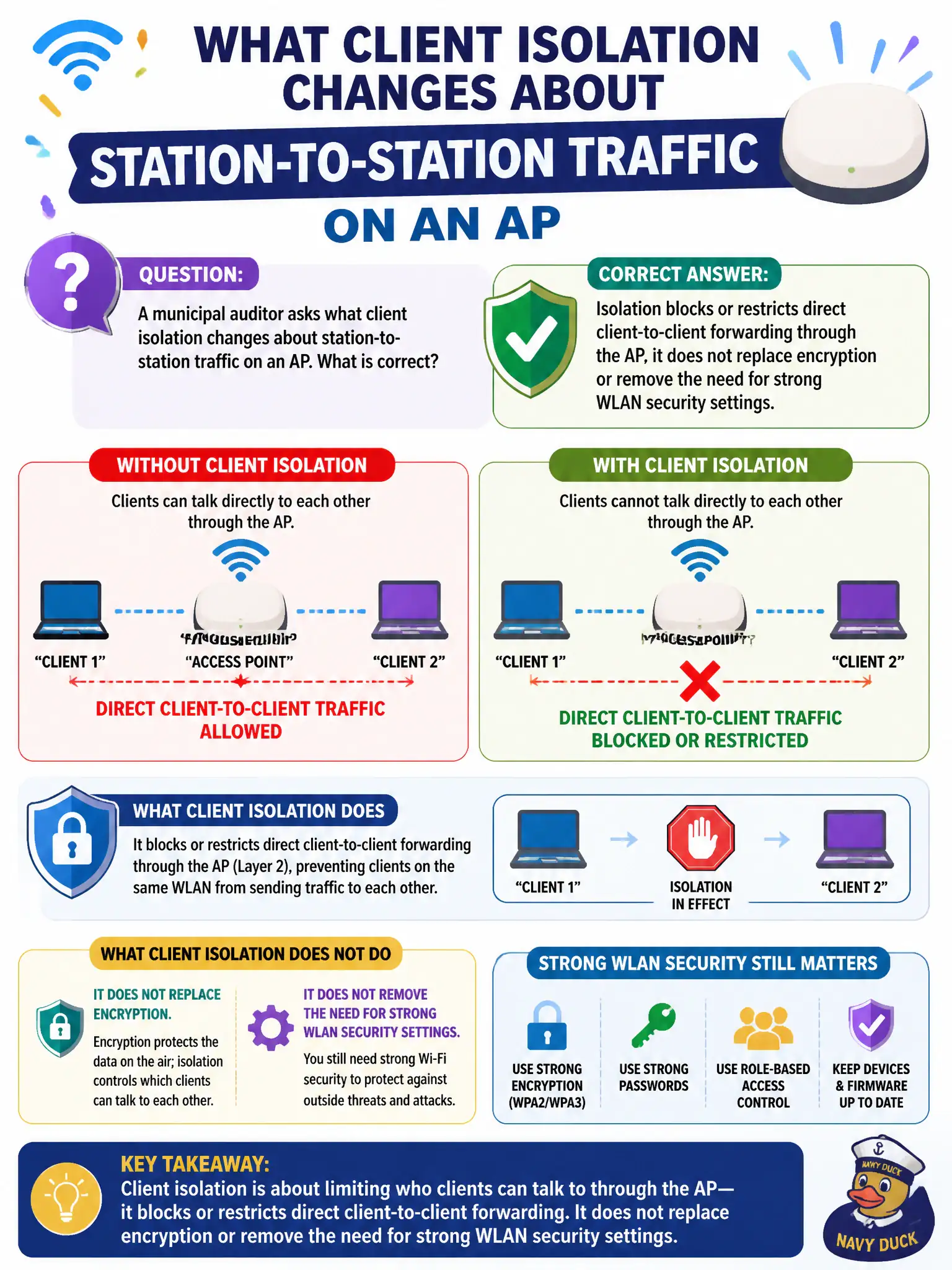 To Create an exciting colorful infographic that explains the concepts in the question: Question: A municipal auditor asks what client isolation changes about station-to-station traffic on an AP. What is correct? Correct Answer: Isolation blocks or restricts direct client-to-client forwarding through the AP; it does not replace encryption or remove the need for strong WLAN security settings. Put EVERY visible label in double quotes. No people. No A/B/C/D letters. In one of the four corners put a little "Navy Duck".