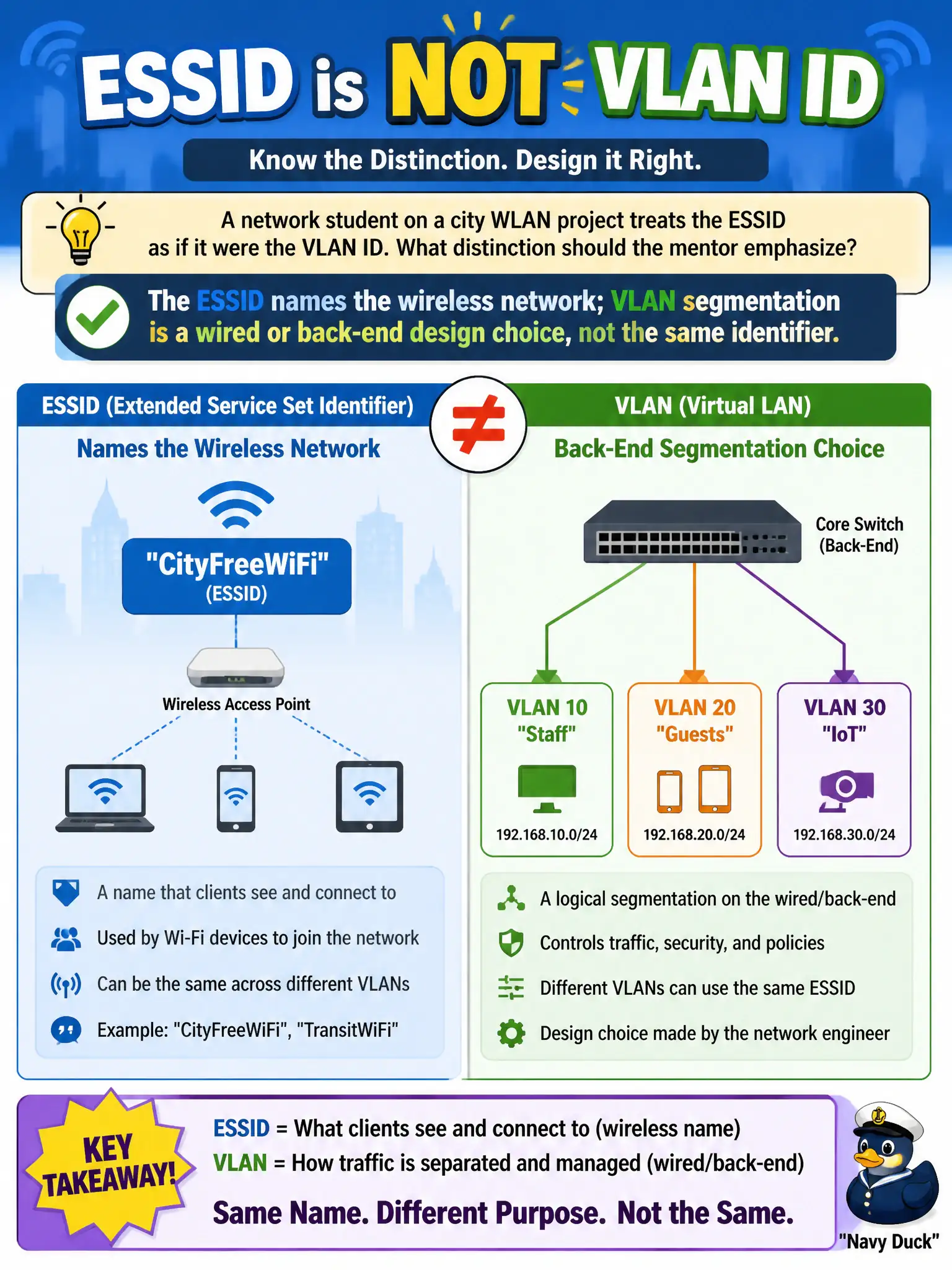 To Create an exciting colorful infographic that explains the concepts in the question: Question: A network student on a city WLAN project treats the ESSID as if it were the VLAN ID. What distinction should the mentor emphasize? Correct Answer: The ESSID names the wireless network; VLAN segmentation is a wired or back-end design choice, not the same identifier. Put EVERY visible label in double quotes. No people. No A/B/C/D letters. In one of the four corners put a little "Navy Duck".