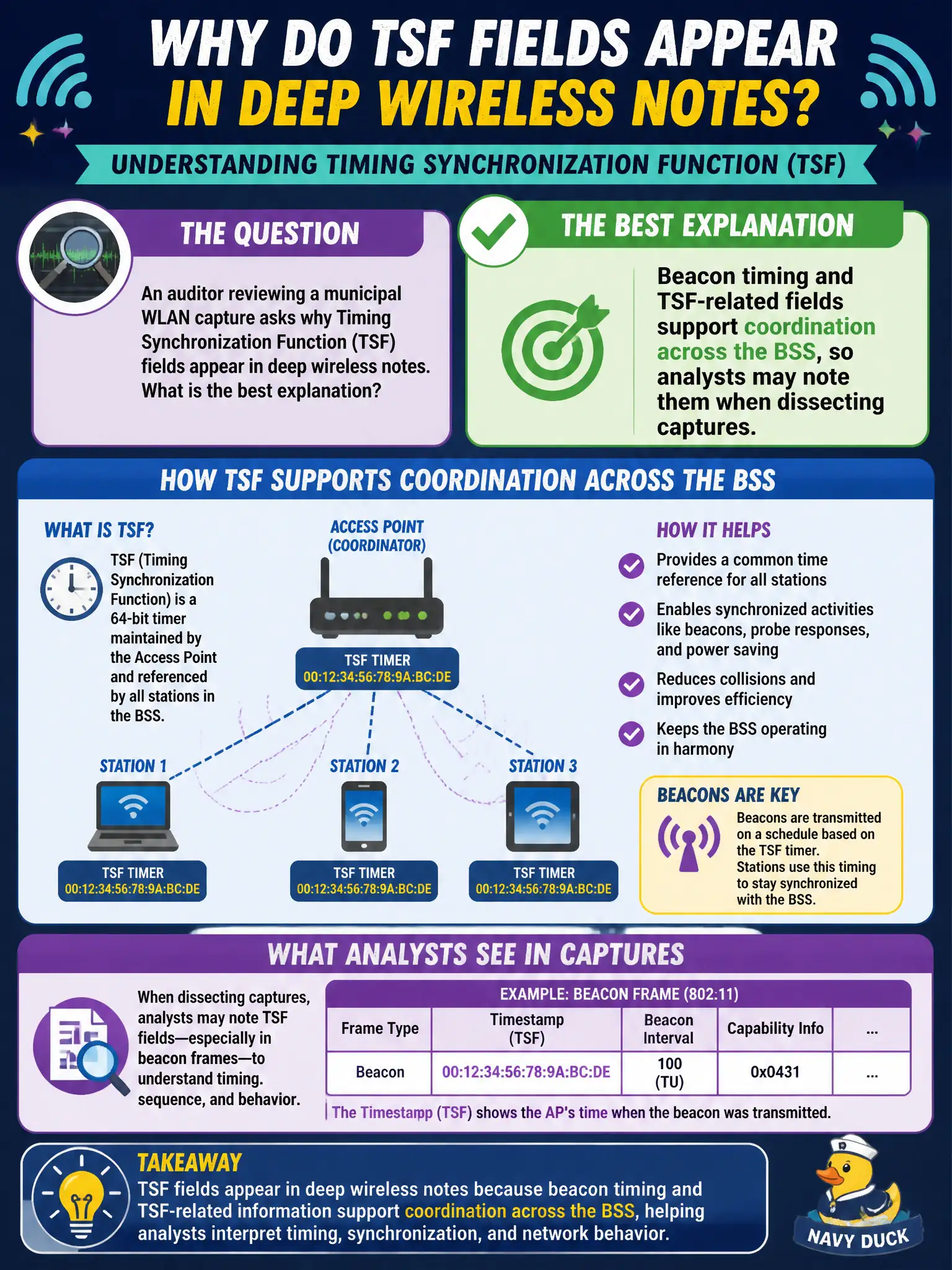To Create an exciting colorful infographic that explains the concepts in the question: Question: An auditor reviewing a municipal WLAN capture asks why Timing Synchronization Function (TSF) fields appear in deep wireless notes. What is the best explanation? Correct Answer: Beacon timing and TSF-related fields support coordination across the BSS, so analysts may note them when dissecting captures. Put EVERY visible label in double quotes. No people. No A/B/C/D letters. In one of the four corners put a little "Navy Duck".