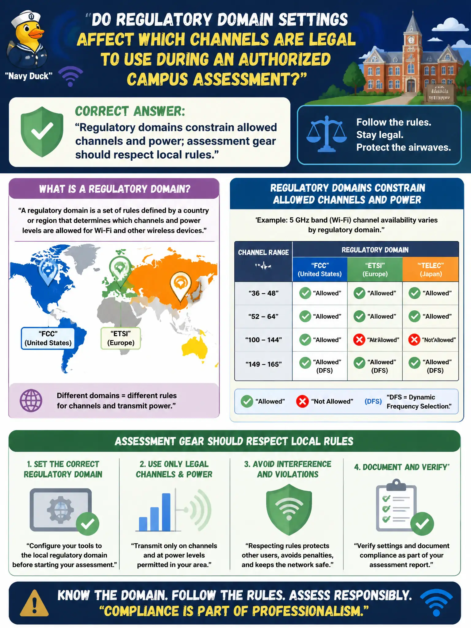 To Create an exciting colorful infographic that explains the concepts in the question: Question: A university wireless team asks whether regulatory domain settings affect which channels are legal to use during an authorized campus assessment. What is correct? Correct Answer: Regulatory domains constrain allowed channels and power; assessment gear should respect local rules. Put EVERY visible label in double quotes. No people. No A/B/C/D letters. In one of the four corners put a little "Navy Duck".