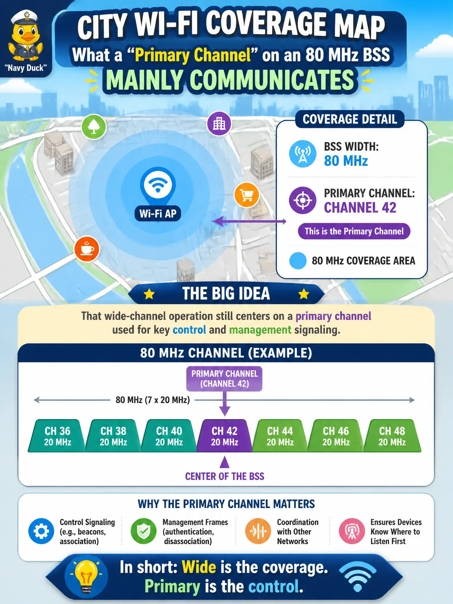 To Create an exciting colorful infographic that explains the concepts in the question: Question: A city Wi-Fi coverage map labels a 'primary channel' on an 80 MHz BSS. What does that label mainly communicate? Correct Answer: That wide-channel operation still centers on a primary channel used for key control and management signaling. Put EVERY visible label in double quotes. No people. No A/B/C/D letters. In one of the four corners put a little "Navy Duck".