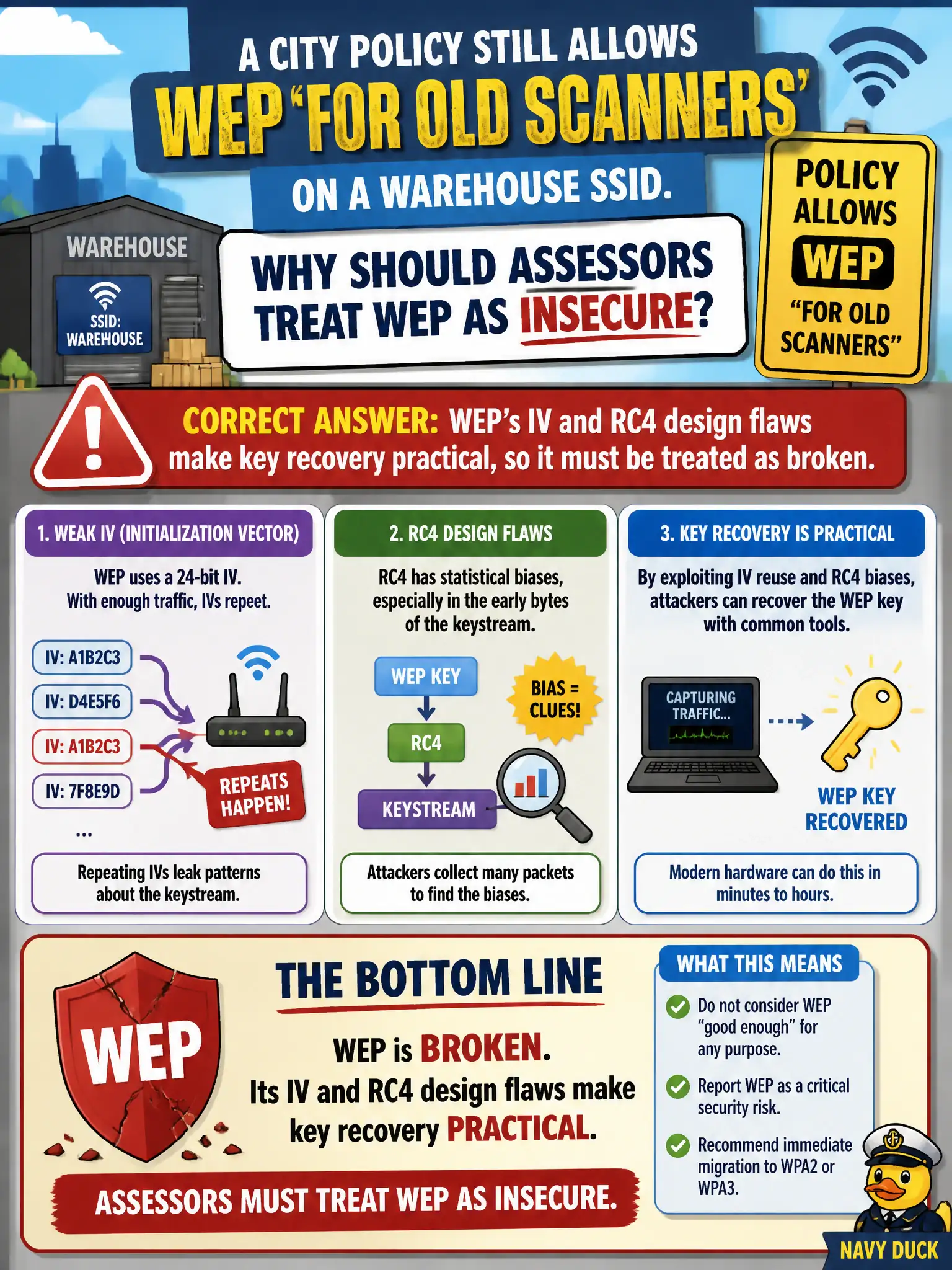 To Create an exciting colorful infographic that explains the concepts in the question: Question: A city policy still allows WEP 'for old scanners' on a warehouse SSID. Why should assessors treat WEP as insecure? Correct Answer: WEP's IV and RC4 design flaws make key recovery practical, so it must be treated as broken. Put EVERY visible label in double quotes. No people. No A/B/C/D letters. In one of the four corners put a little "Navy Duck".