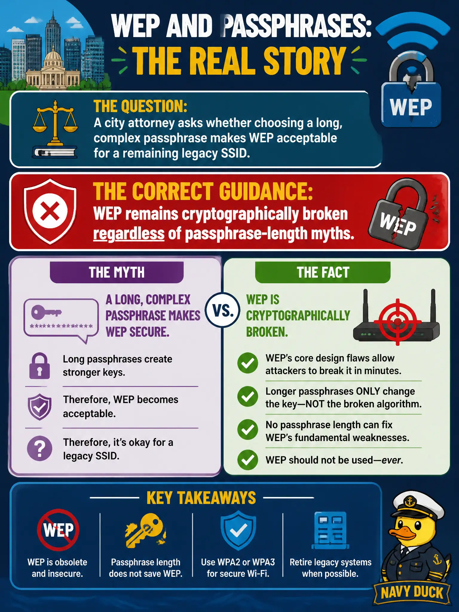 To Create an exciting colorful infographic that explains the concepts in the question: Question: A city attorney asks whether choosing a long, complex passphrase makes WEP acceptable for a remaining legacy SSID. What is the correct guidance? Correct Answer: WEP remains cryptographically broken regardless of passphrase-length myths. Put EVERY visible label in double quotes. No people. No A/B/C/D letters. In one of the four corners put a little "Navy Duck".