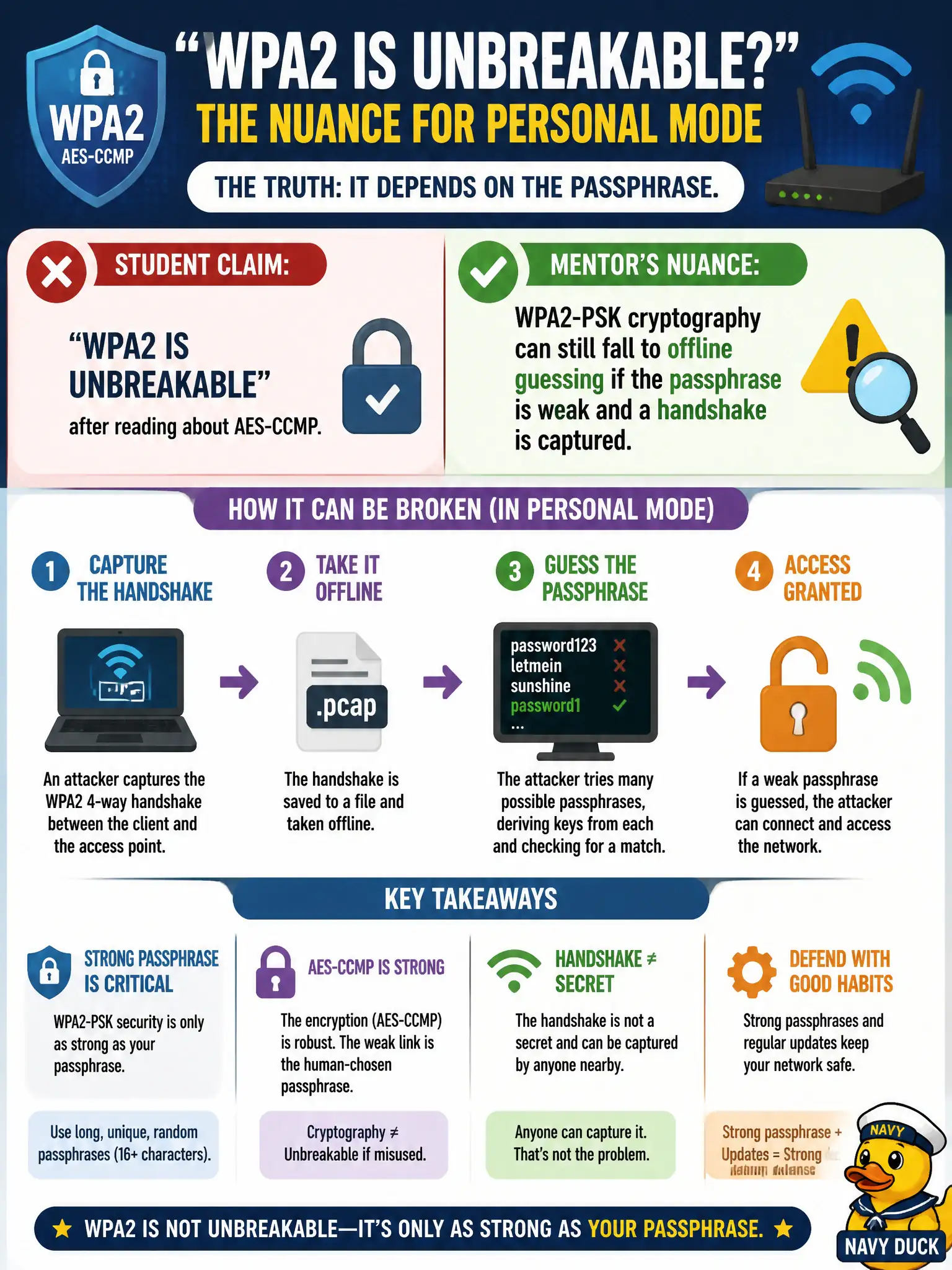 To Create an exciting colorful infographic that explains the concepts in the question: Question: A student claims 'WPA2 is unbreakable' after reading about AES-CCMP. What nuance should the municipal mentor emphasize for Personal mode? Correct Answer: WPA2-PSK cryptography can still fall to offline guessing if the passphrase is weak and a handshake is captured Put EVERY visible label in double quotes. No people. No A/B/C/D letters. In one of the four corners put a little "Navy Duck".